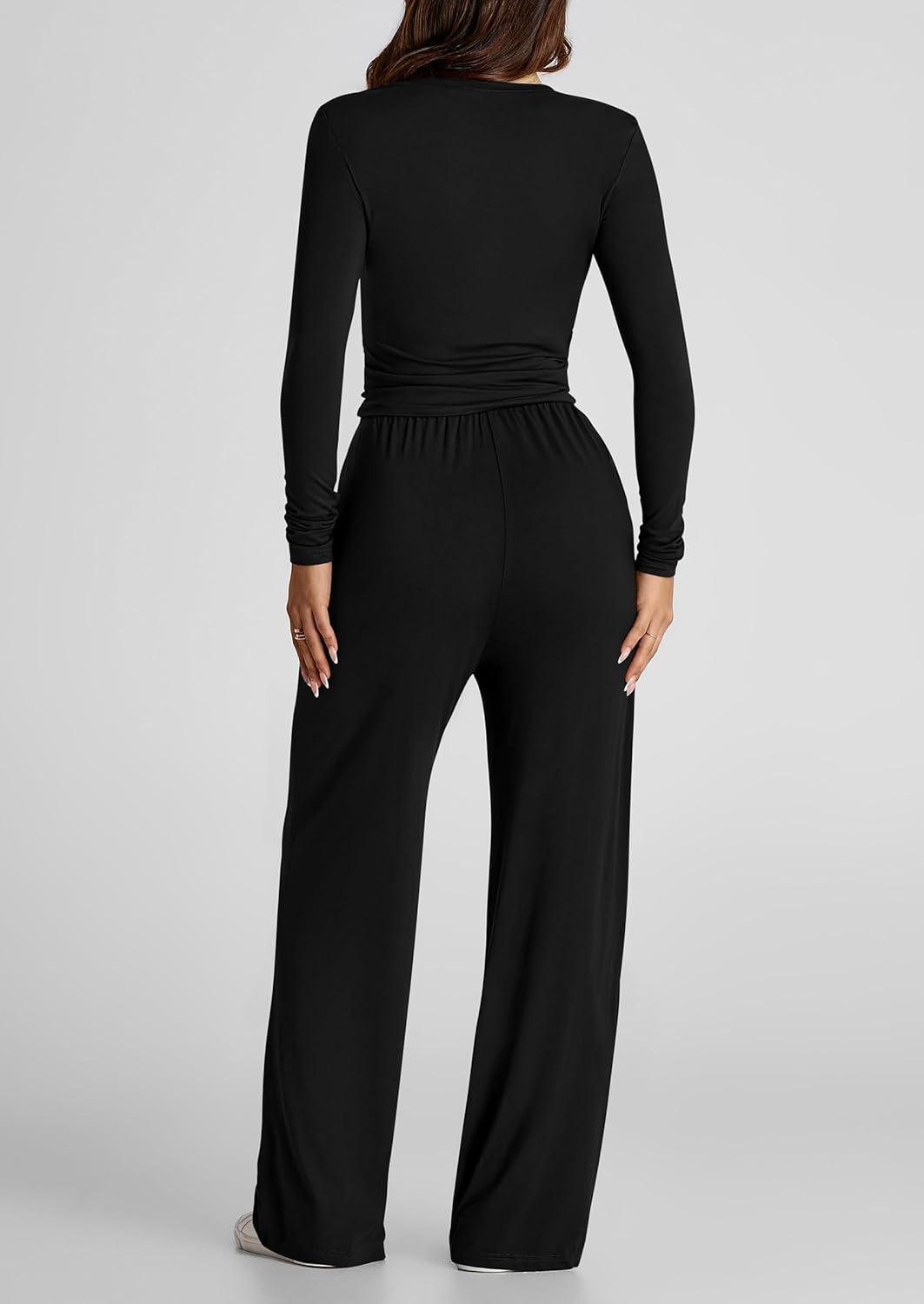 imagePRETTYGARDEN Womens 2 Piece Outfits Fall Tracksuits Long Sleeve Crop Tops Wide Leg Pants Spring Matching Lounge Travel SetsBlack