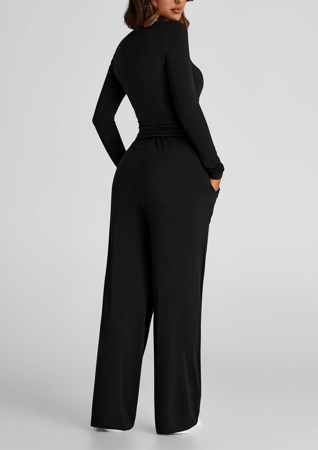 imagePRETTYGARDEN Womens 2 Piece Outfits Fall Tracksuits Long Sleeve Crop Tops Wide Leg Pants Spring Matching Lounge Travel SetsBlack