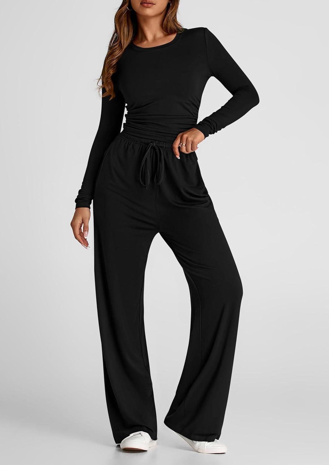 imagePRETTYGARDEN Womens 2 Piece Outfits Fall Tracksuits Long Sleeve Crop Tops Wide Leg Pants Spring Matching Lounge Travel SetsBlack