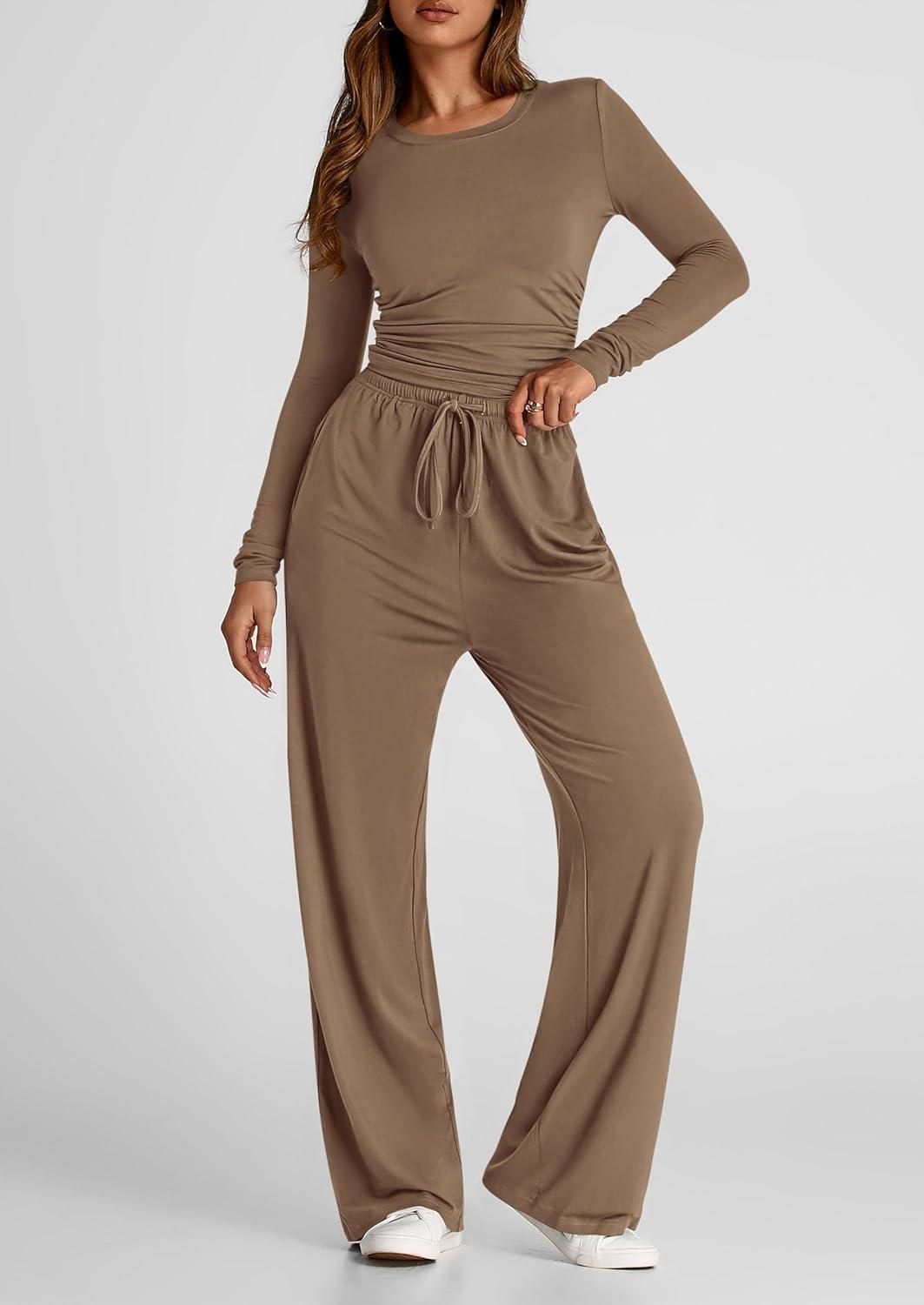 imagePRETTYGARDEN Womens 2 Piece Outfits Fall Tracksuits Long Sleeve Crop Tops Wide Leg Pants Spring Matching Lounge Travel SetsCamel