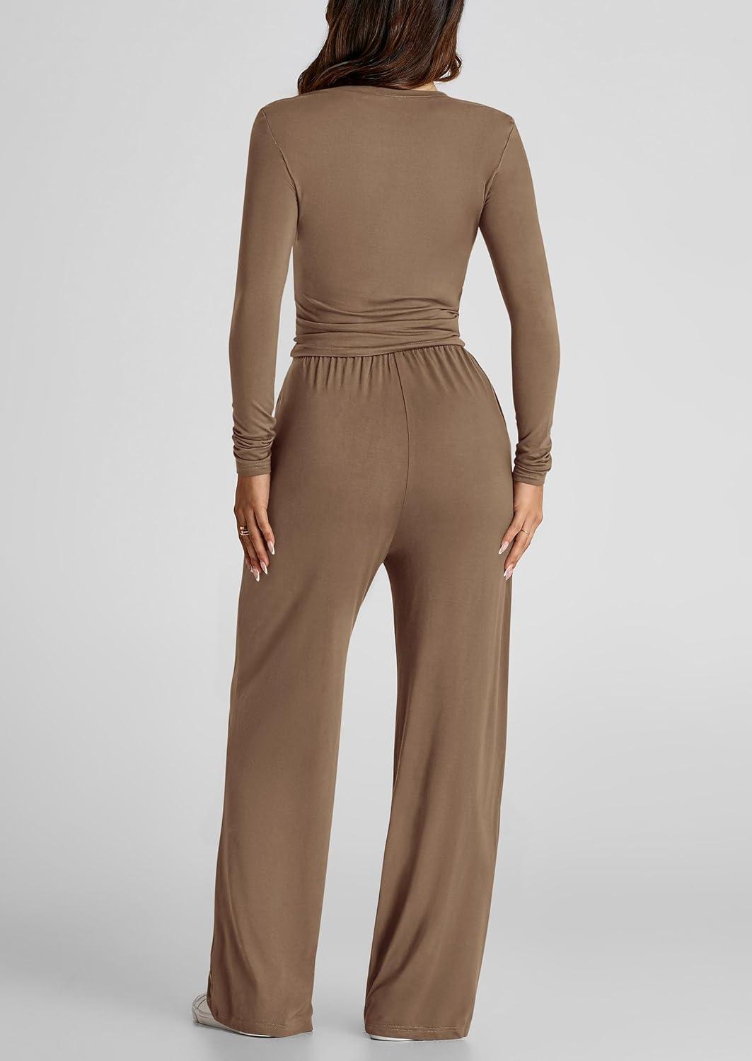 imagePRETTYGARDEN Womens 2 Piece Outfits Fall Tracksuits Long Sleeve Crop Tops Wide Leg Pants Spring Matching Lounge Travel SetsCamel