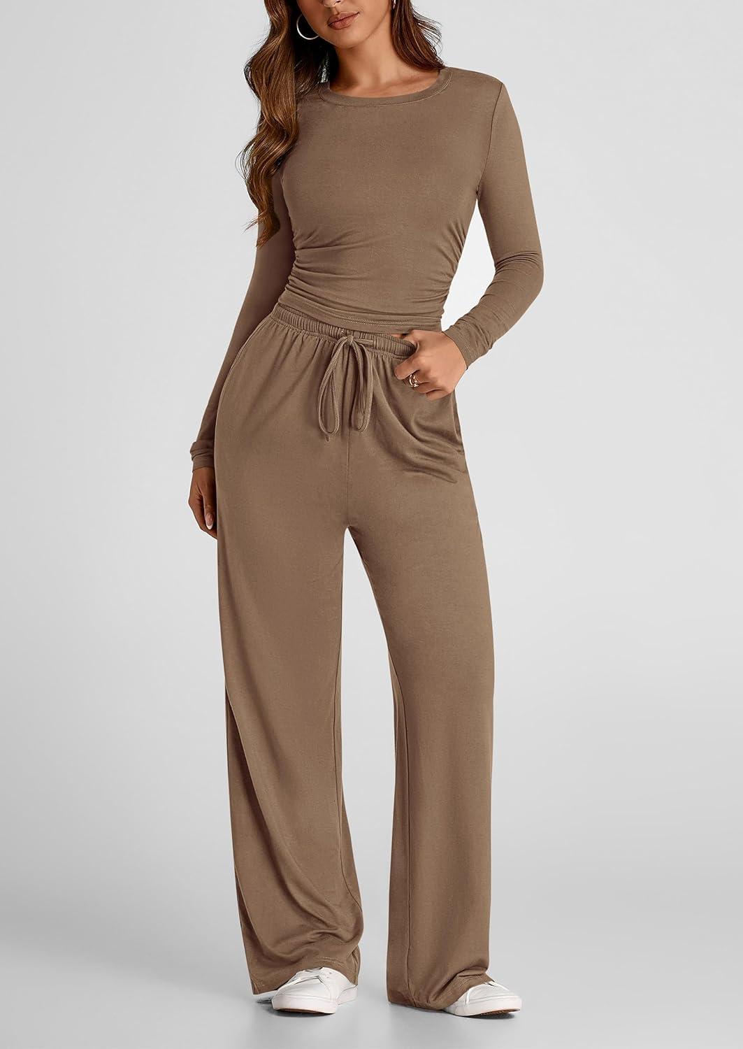 imagePRETTYGARDEN Womens 2 Piece Outfits Fall Tracksuits Long Sleeve Crop Tops Wide Leg Pants Spring Matching Lounge Travel SetsCamel