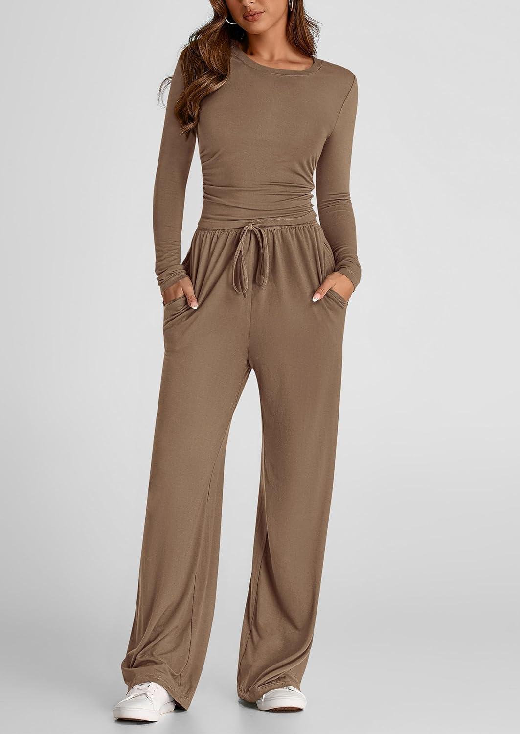 imagePRETTYGARDEN Womens 2 Piece Outfits Fall Tracksuits Long Sleeve Crop Tops Wide Leg Pants Spring Matching Lounge Travel SetsCamel