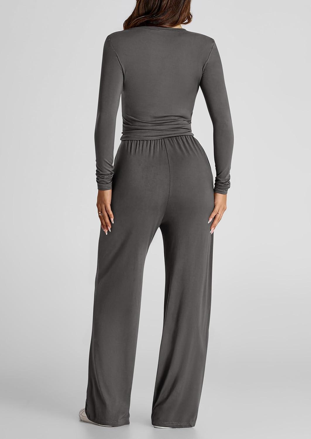 imagePRETTYGARDEN Womens 2 Piece Outfits Fall Tracksuits Long Sleeve Crop Tops Wide Leg Pants Spring Matching Lounge Travel SetsDark Grey