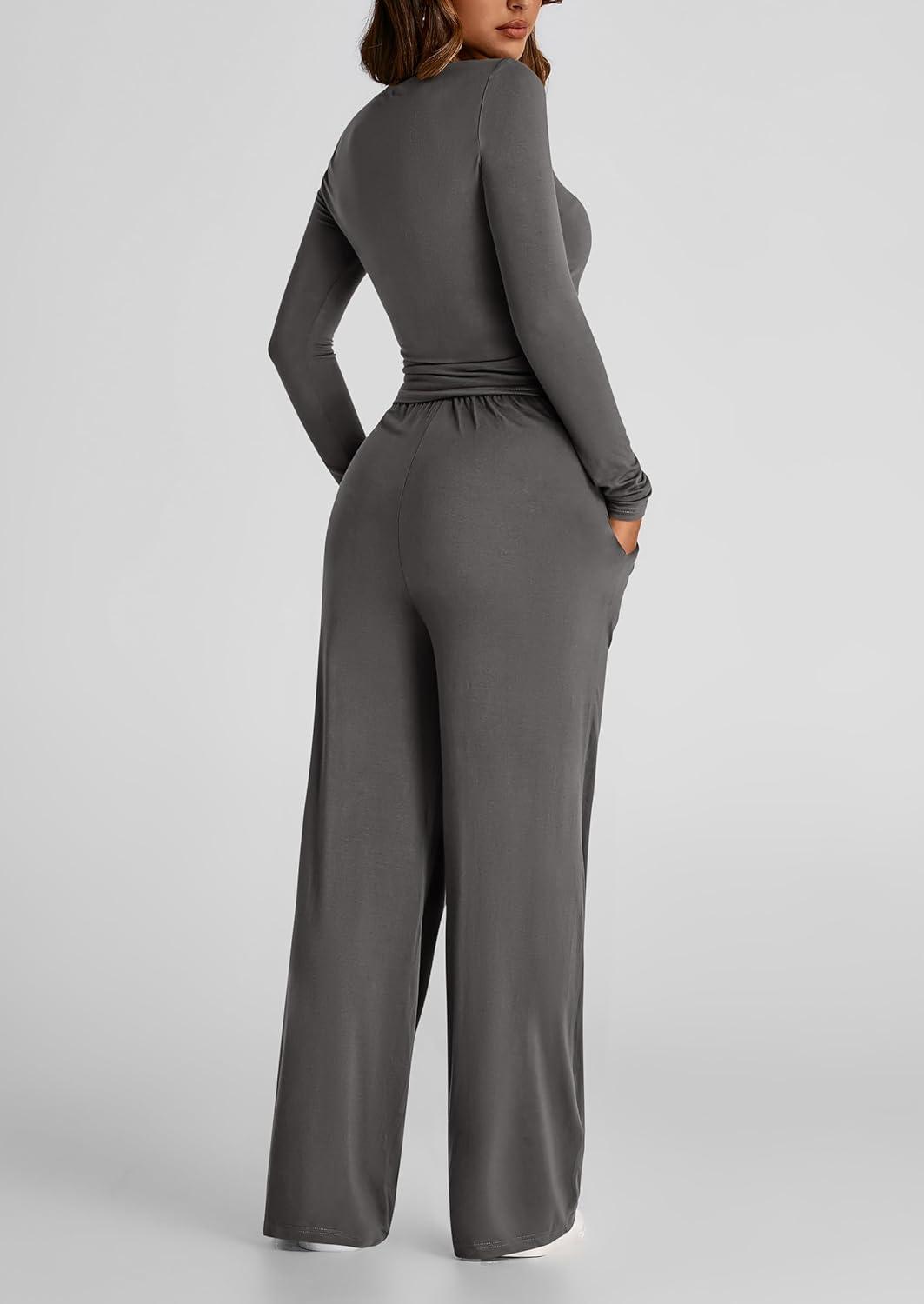 imagePRETTYGARDEN Womens 2 Piece Outfits Fall Tracksuits Long Sleeve Crop Tops Wide Leg Pants Spring Matching Lounge Travel SetsDark Grey