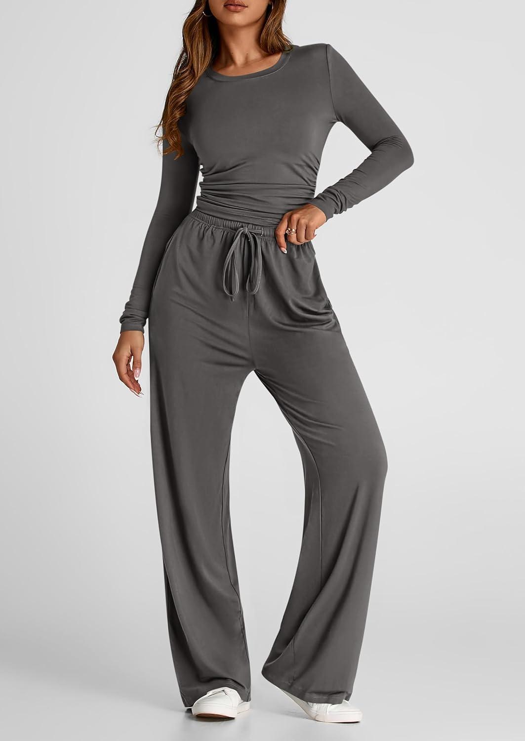 imagePRETTYGARDEN Womens 2 Piece Outfits Fall Tracksuits Long Sleeve Crop Tops Wide Leg Pants Spring Matching Lounge Travel SetsDark Grey