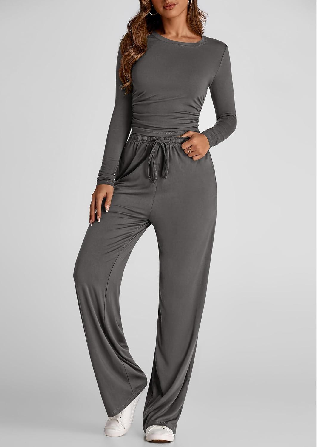 imagePRETTYGARDEN Womens 2 Piece Outfits Fall Tracksuits Long Sleeve Crop Tops Wide Leg Pants Spring Matching Lounge Travel SetsDark Grey
