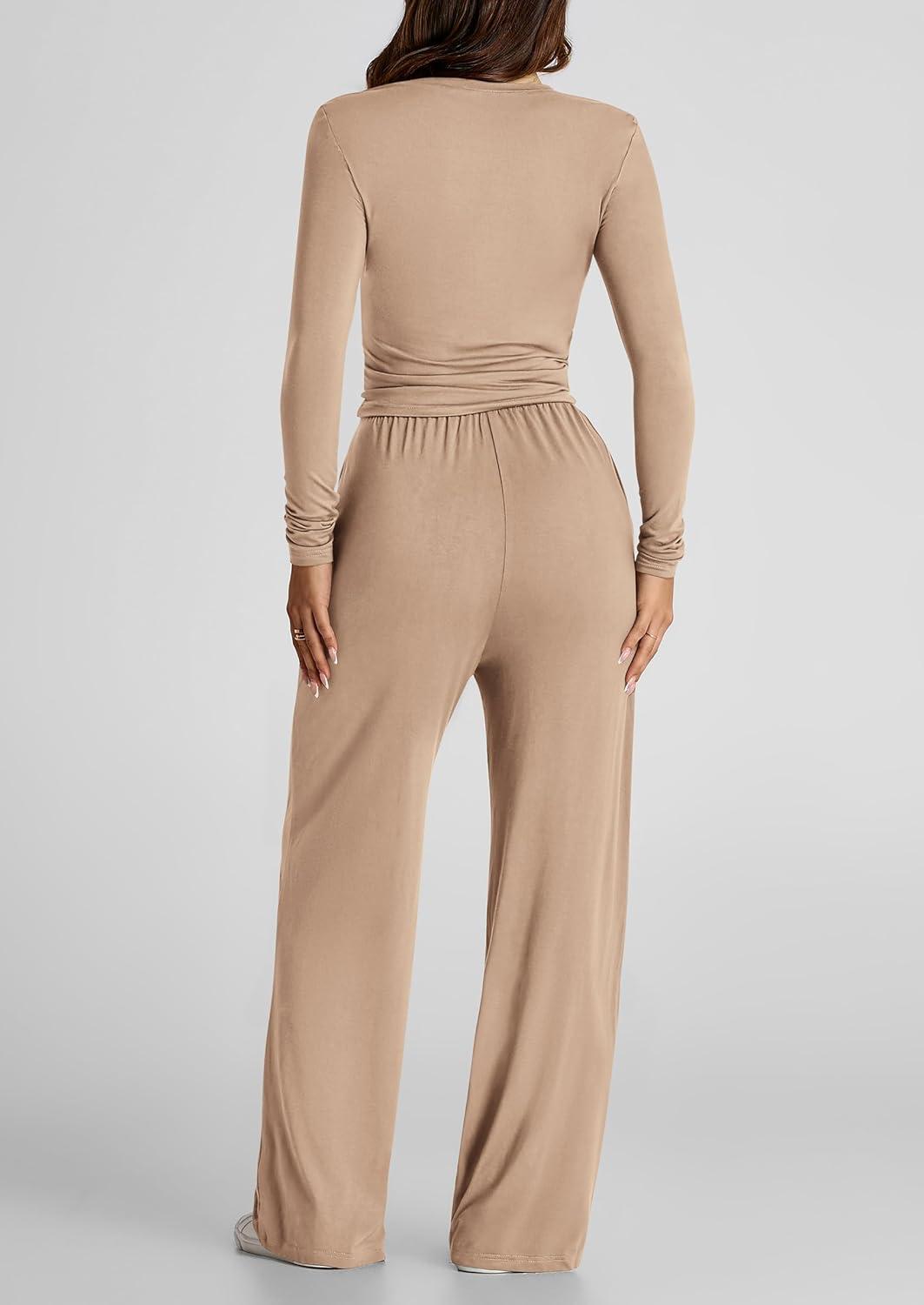 imagePRETTYGARDEN Womens 2 Piece Outfits Fall Tracksuits Long Sleeve Crop Tops Wide Leg Pants Spring Matching Lounge Travel SetsKhaki