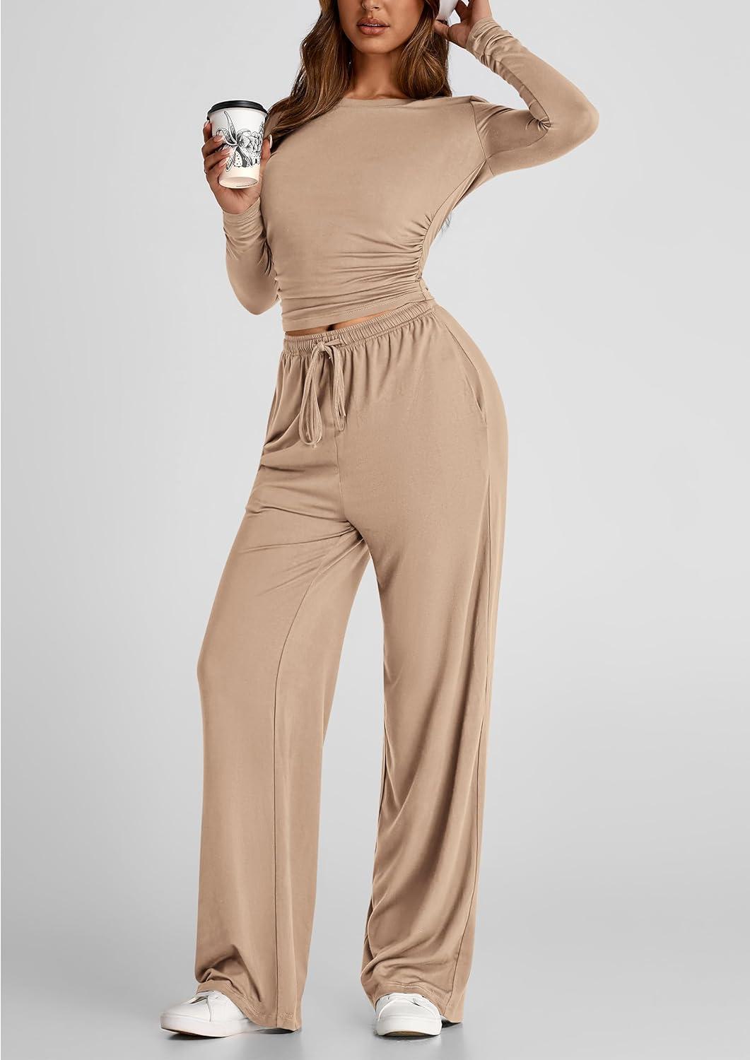 imagePRETTYGARDEN Womens 2 Piece Outfits Fall Tracksuits Long Sleeve Crop Tops Wide Leg Pants Spring Matching Lounge Travel SetsKhaki