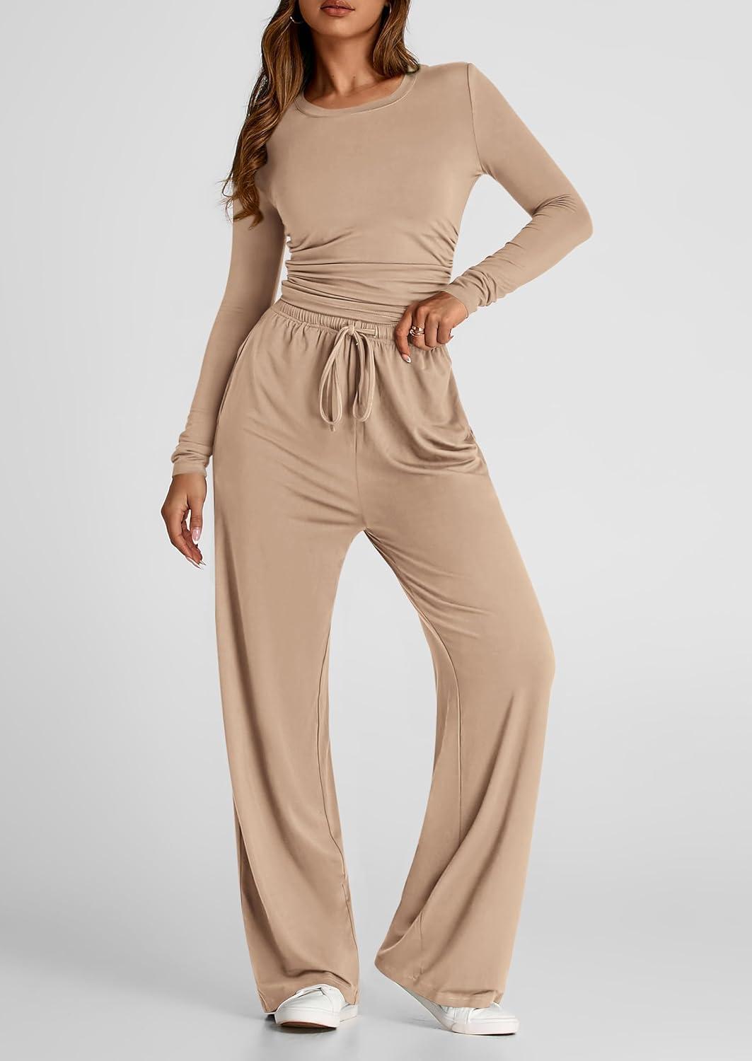 imagePRETTYGARDEN Womens 2 Piece Outfits Fall Tracksuits Long Sleeve Crop Tops Wide Leg Pants Spring Matching Lounge Travel SetsKhaki