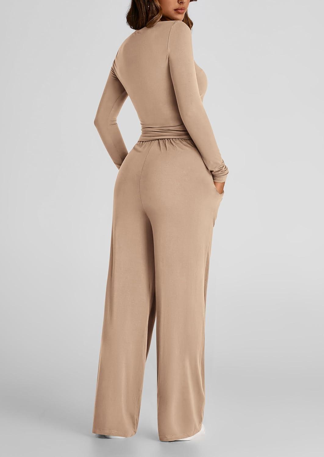 imagePRETTYGARDEN Womens 2 Piece Outfits Fall Tracksuits Long Sleeve Crop Tops Wide Leg Pants Spring Matching Lounge Travel SetsKhaki