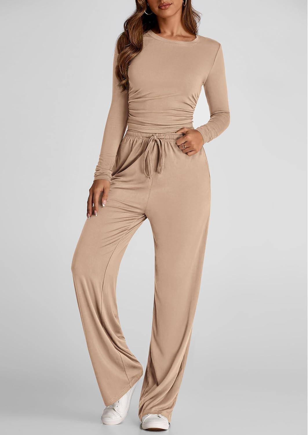 imagePRETTYGARDEN Womens 2 Piece Outfits Fall Tracksuits Long Sleeve Crop Tops Wide Leg Pants Spring Matching Lounge Travel SetsKhaki