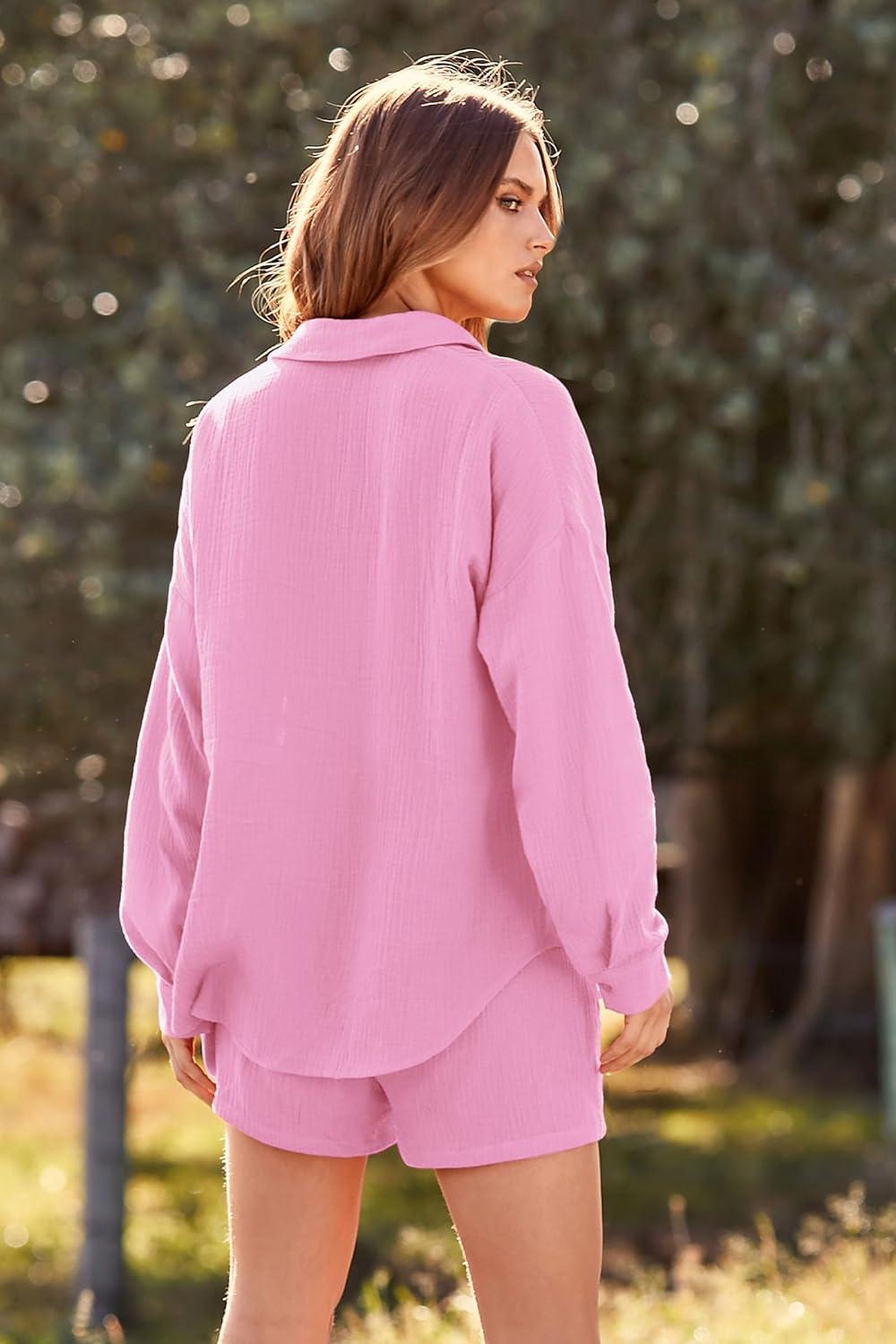 imagePRETTYGARDEN Womens 2 Piece Tracksuit Outfit Long Sleeve Blouse High Waisted Drawstring Shorts Loungewear Set PinkMedium