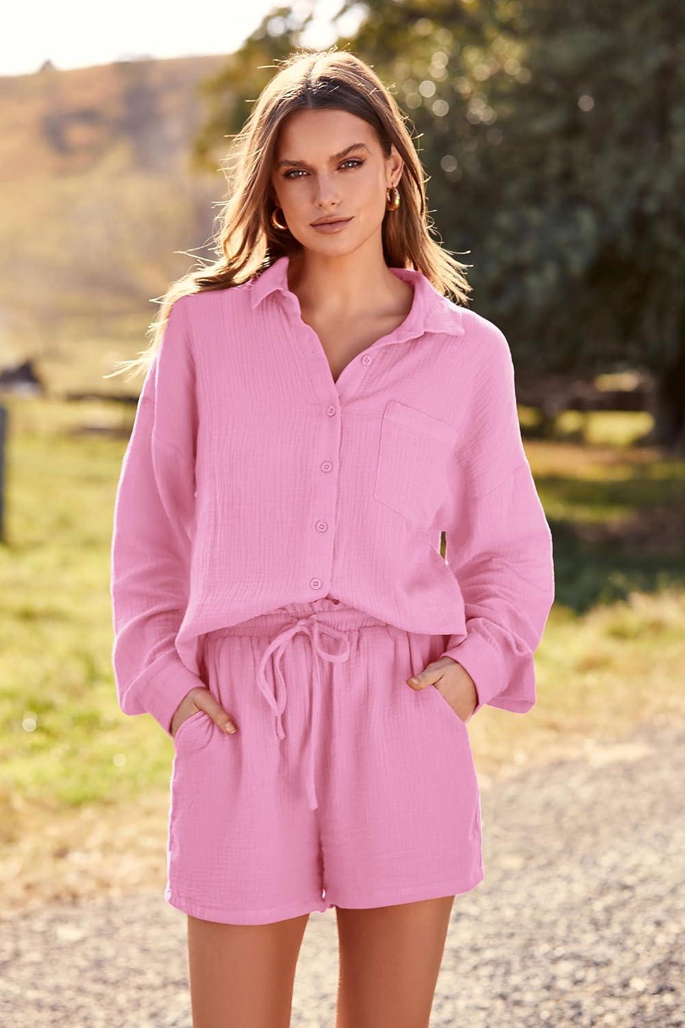 imagePRETTYGARDEN Womens 2 Piece Tracksuit Outfit Long Sleeve Blouse High Waisted Drawstring Shorts Loungewear Set PinkMedium