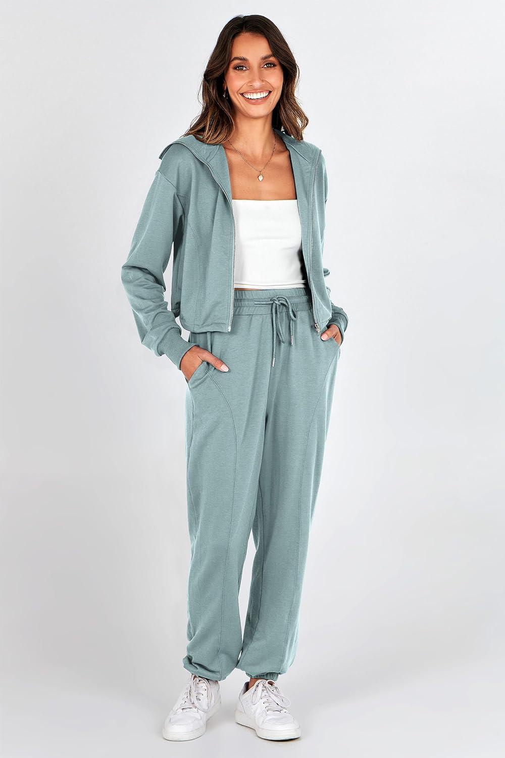 imagePRETTYGARDEN Womens 2 Piece Tracksuit Outfits Long Sleeve Zip Up Sweatshirt Drawstring Sweatpants Lounge Set