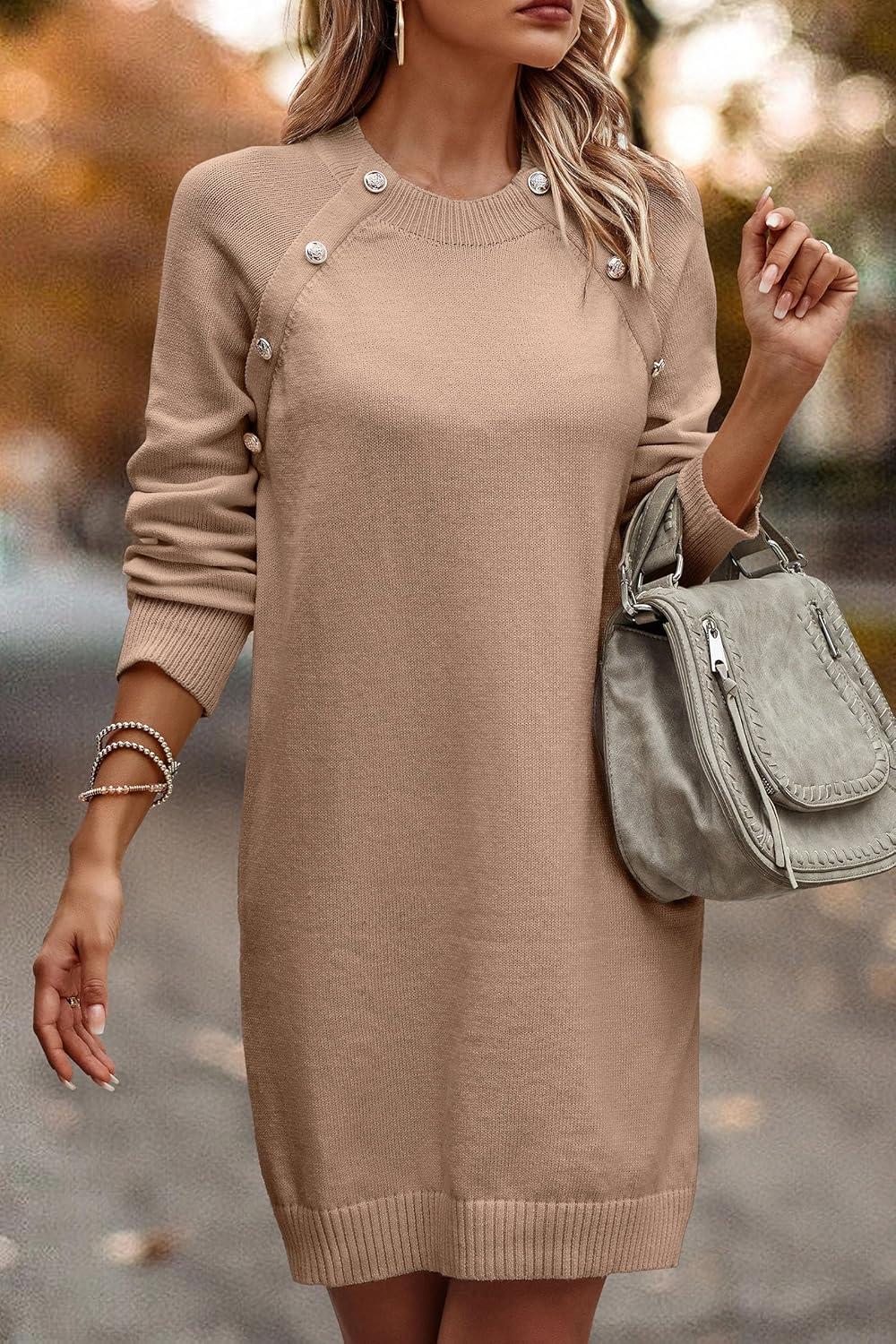 imagePRETTYGARDEN Womens 2024 Fall Sweater Dress Crewneck Long Sleeve Oversized Pullover Sweaters Casual Knit Short Dresses KhakiSmall