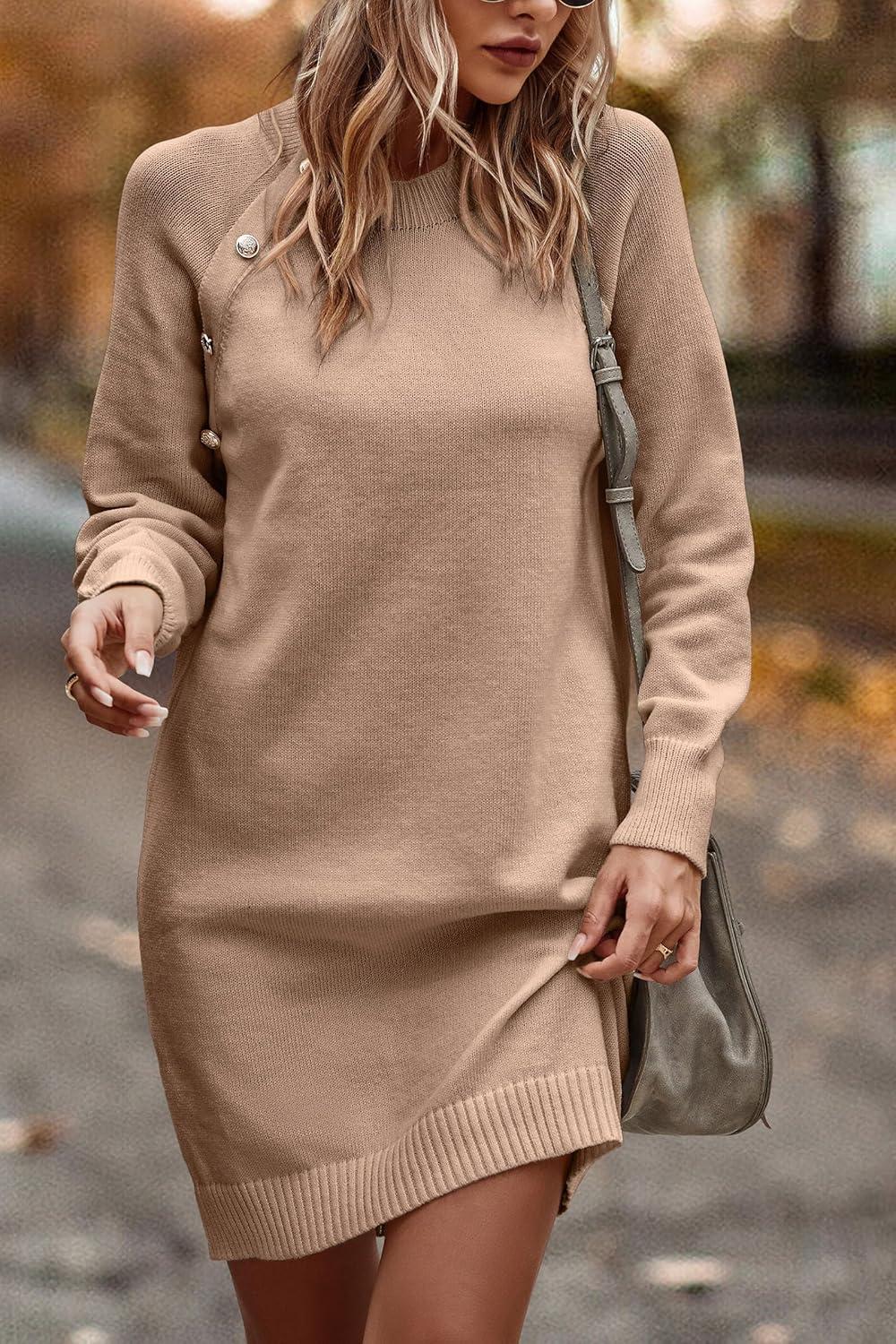 imagePRETTYGARDEN Womens 2024 Fall Sweater Dress Crewneck Long Sleeve Oversized Pullover Sweaters Casual Knit Short Dresses KhakiSmall