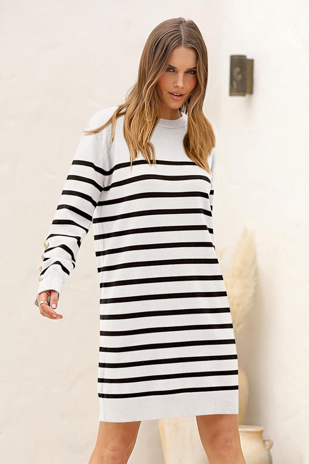 imagePRETTYGARDEN Womens 2024 Fall Sweater Dress Crewneck Long Sleeve Pullover Sweaters Casual Cute Loose Fit Knit Short Dresses Striped WhiteLarge