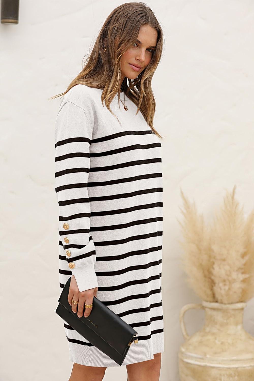 imagePRETTYGARDEN Womens 2024 Fall Sweater Dress Crewneck Long Sleeve Pullover Sweaters Casual Cute Loose Fit Knit Short Dresses Striped WhiteLarge
