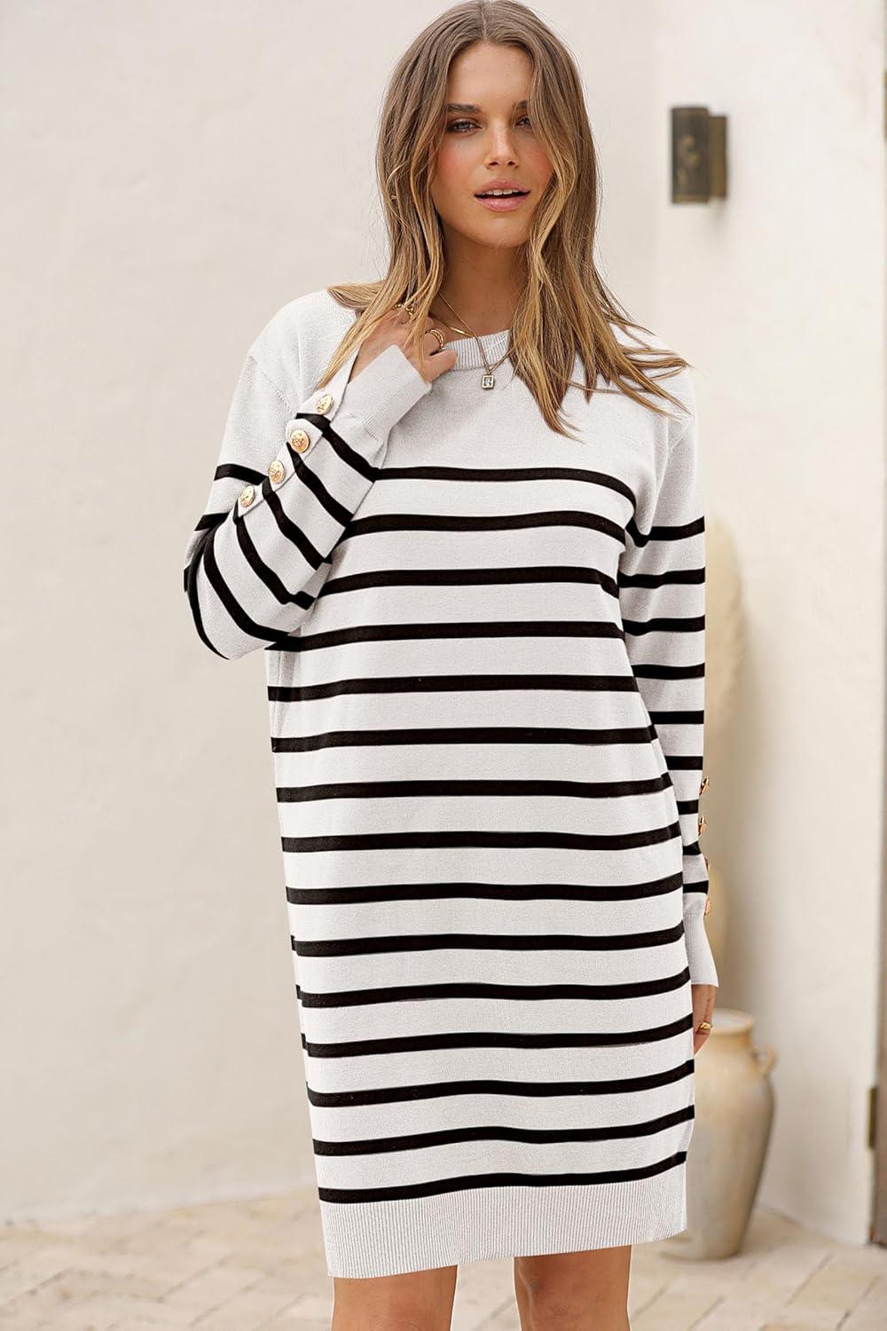 imagePRETTYGARDEN Womens 2024 Fall Sweater Dress Crewneck Long Sleeve Pullover Sweaters Casual Cute Loose Fit Knit Short Dresses Striped WhiteLarge