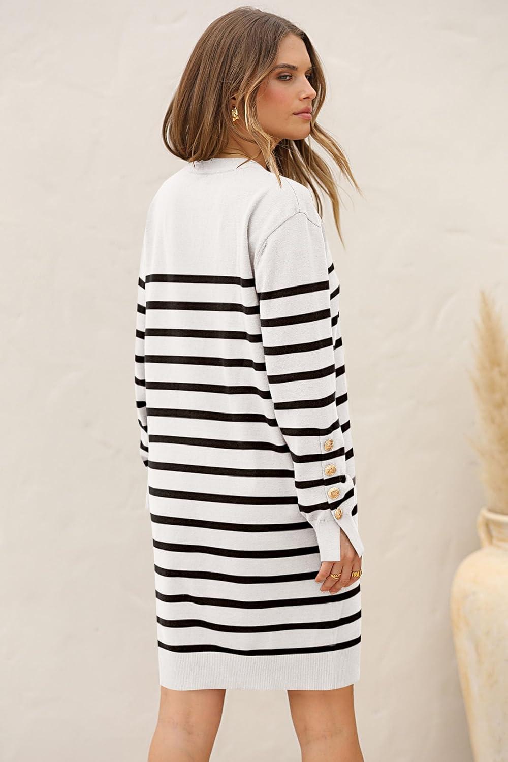 imagePRETTYGARDEN Womens 2024 Fall Sweater Dress Crewneck Long Sleeve Pullover Sweaters Casual Cute Loose Fit Knit Short Dresses Striped WhiteLarge