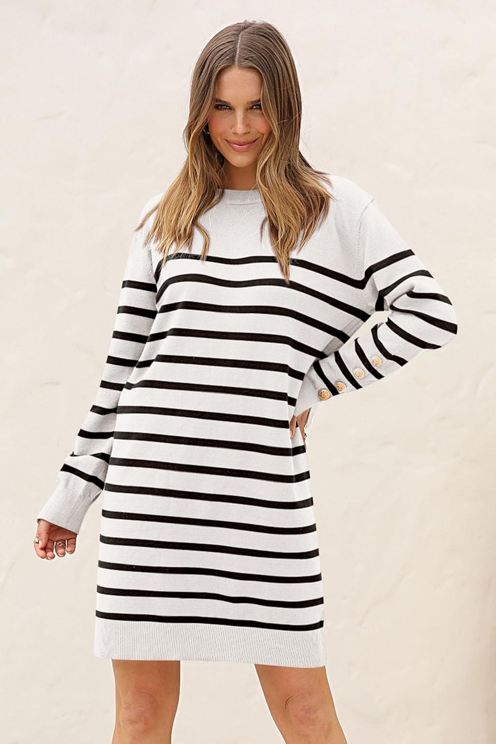 imagePRETTYGARDEN Womens 2024 Fall Sweater Dress Crewneck Long Sleeve Pullover Sweaters Casual Cute Loose Fit Knit Short Dresses Striped WhiteLarge