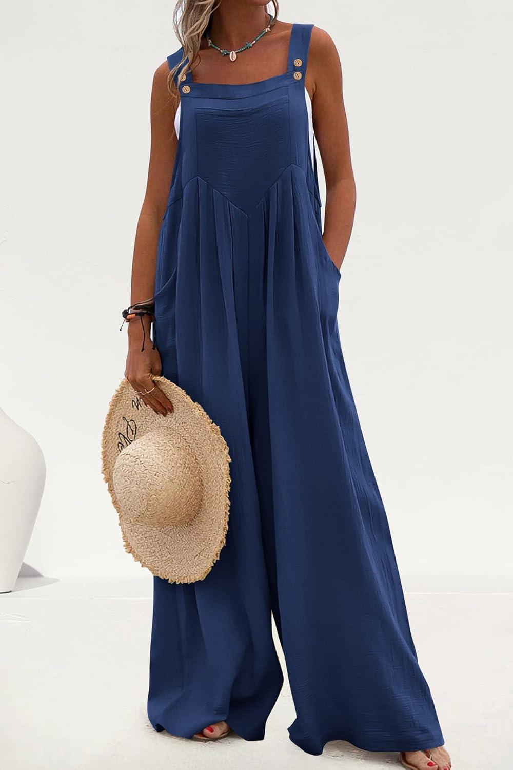 imagePRETTYGARDEN Womens Bib Overalls Casual Summer Sleeveless Strap Loose Wide Leg Jumpsuits with Pockets Denim BlueLarge PR401