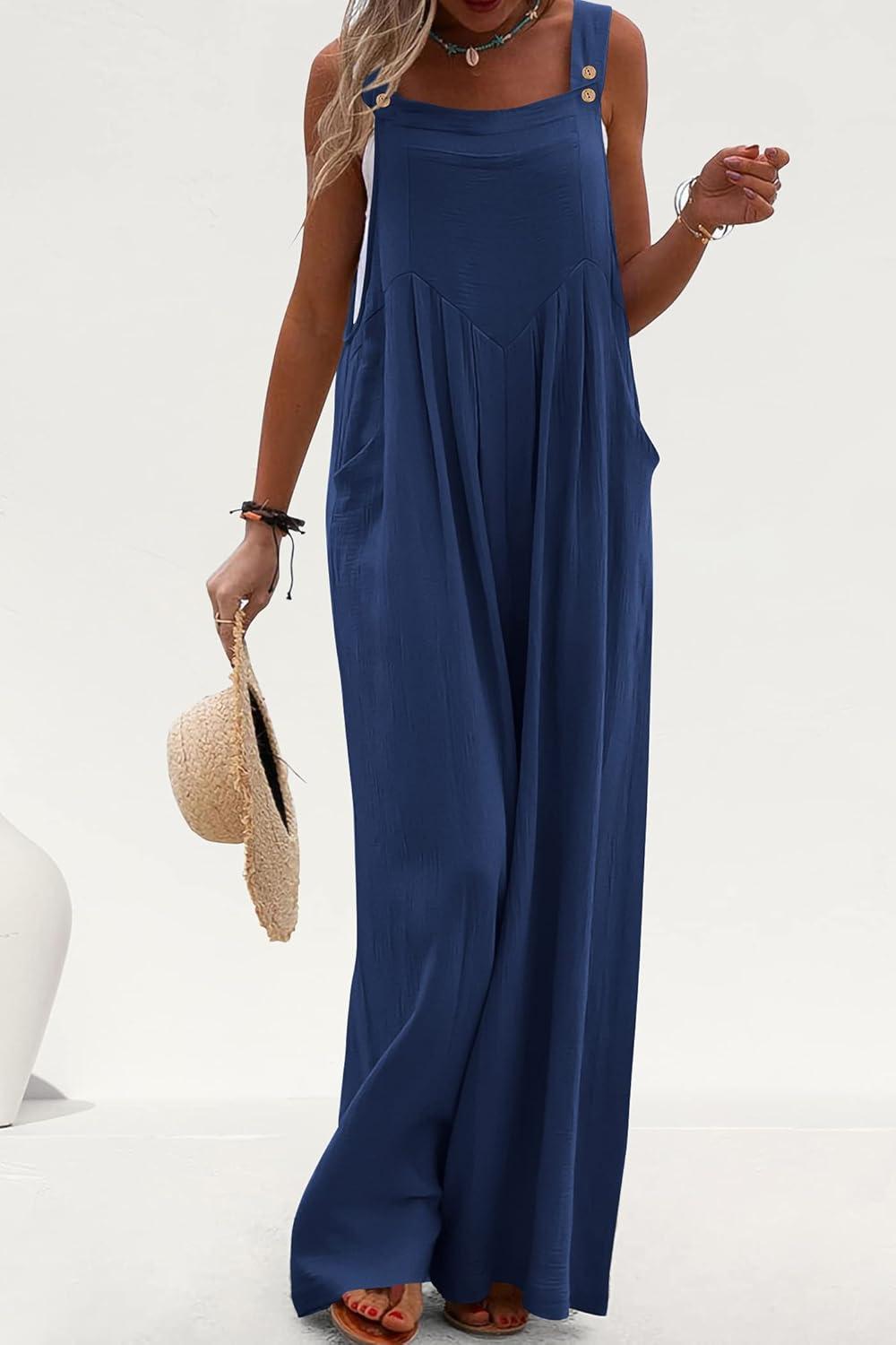 imagePRETTYGARDEN Womens Bib Overalls Casual Summer Sleeveless Strap Loose Wide Leg Jumpsuits with Pockets Denim BlueLarge PR401