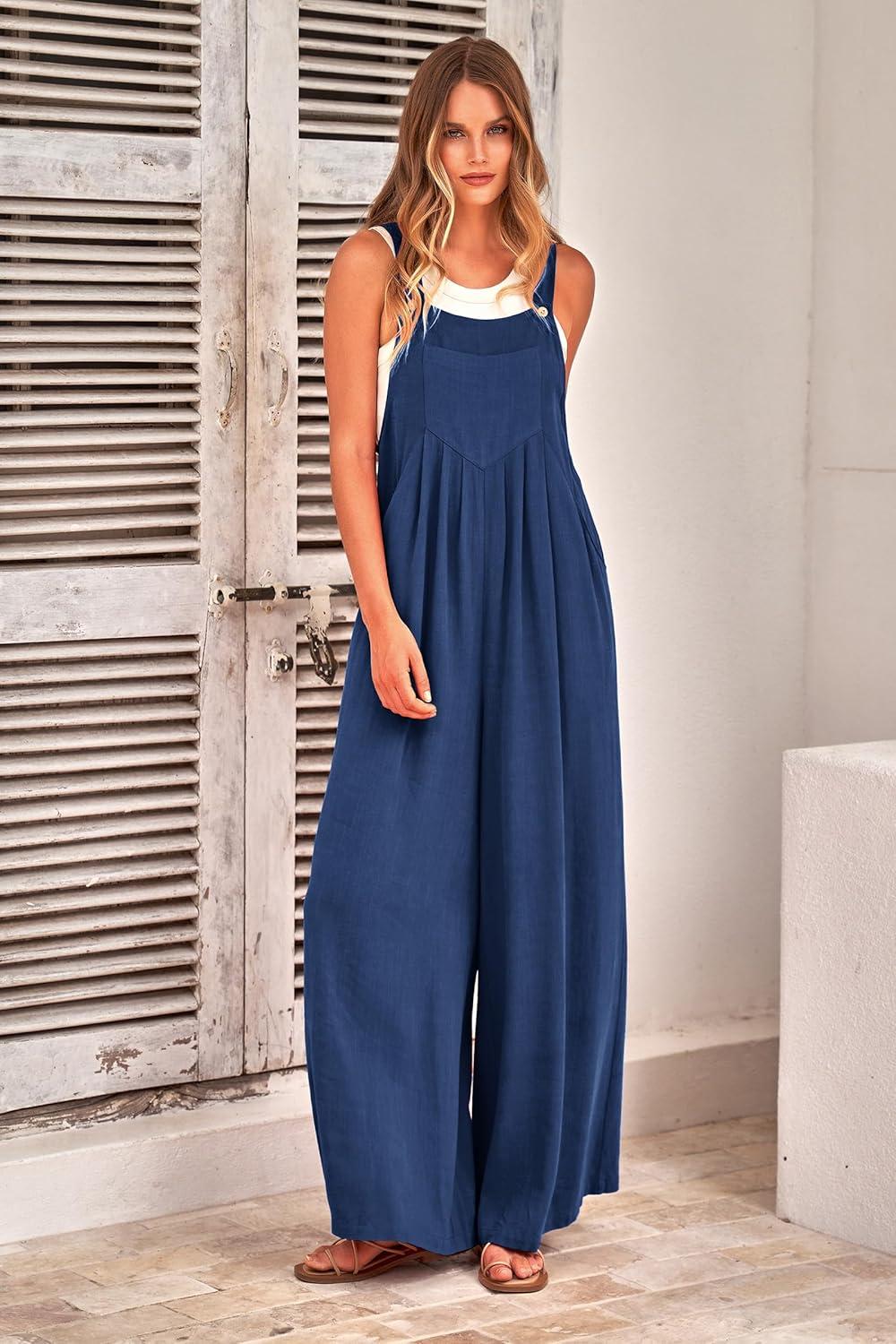 imagePRETTYGARDEN Womens Bib Overalls Casual Summer Sleeveless Strap Loose Wide Leg Jumpsuits with Pockets Denim BlueLarge PR401