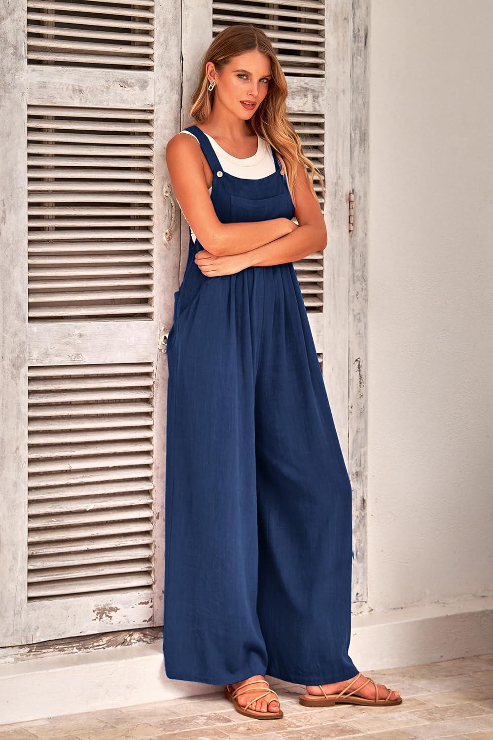 imagePRETTYGARDEN Womens Bib Overalls Casual Summer Sleeveless Strap Loose Wide Leg Jumpsuits with Pockets Denim BlueLarge PR401