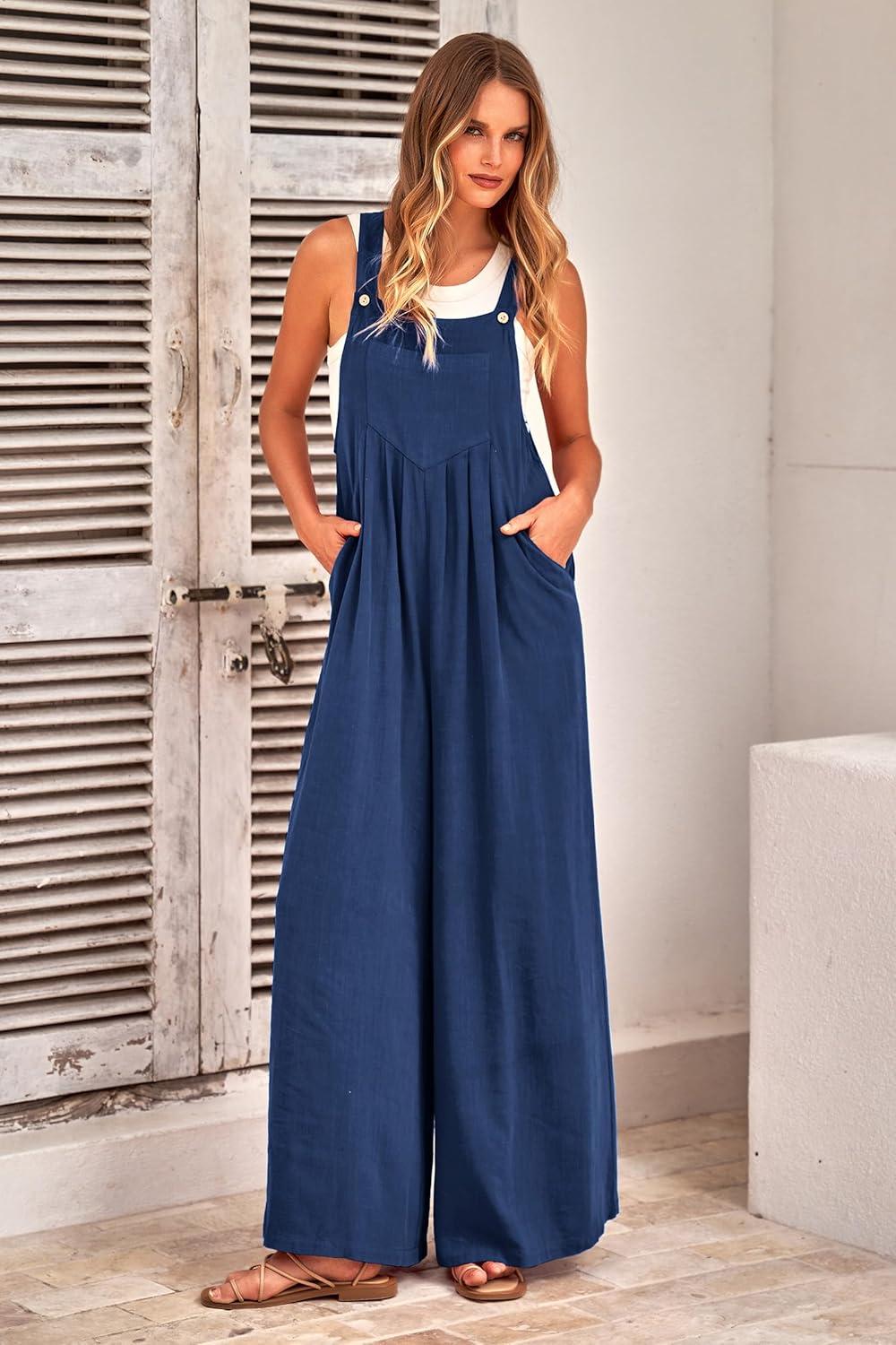 imagePRETTYGARDEN Womens Bib Overalls Casual Summer Sleeveless Strap Loose Wide Leg Jumpsuits with Pockets Denim BlueLarge PR401