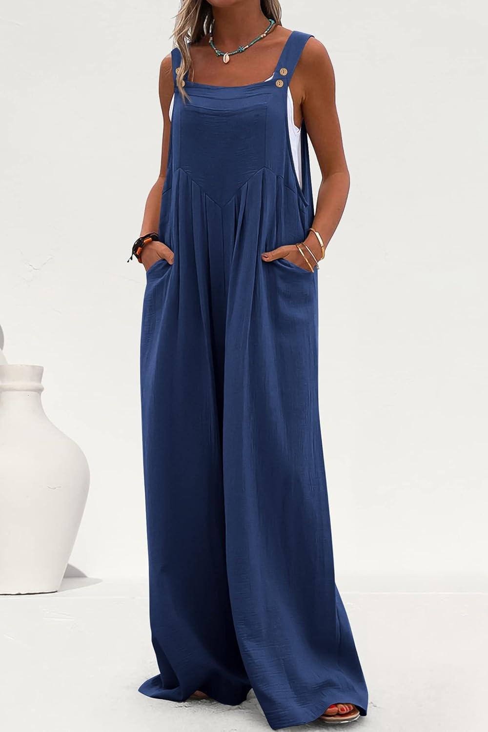 imagePRETTYGARDEN Womens Bib Overalls Casual Summer Sleeveless Strap Loose Wide Leg Jumpsuits with Pockets Denim BlueLarge PR401