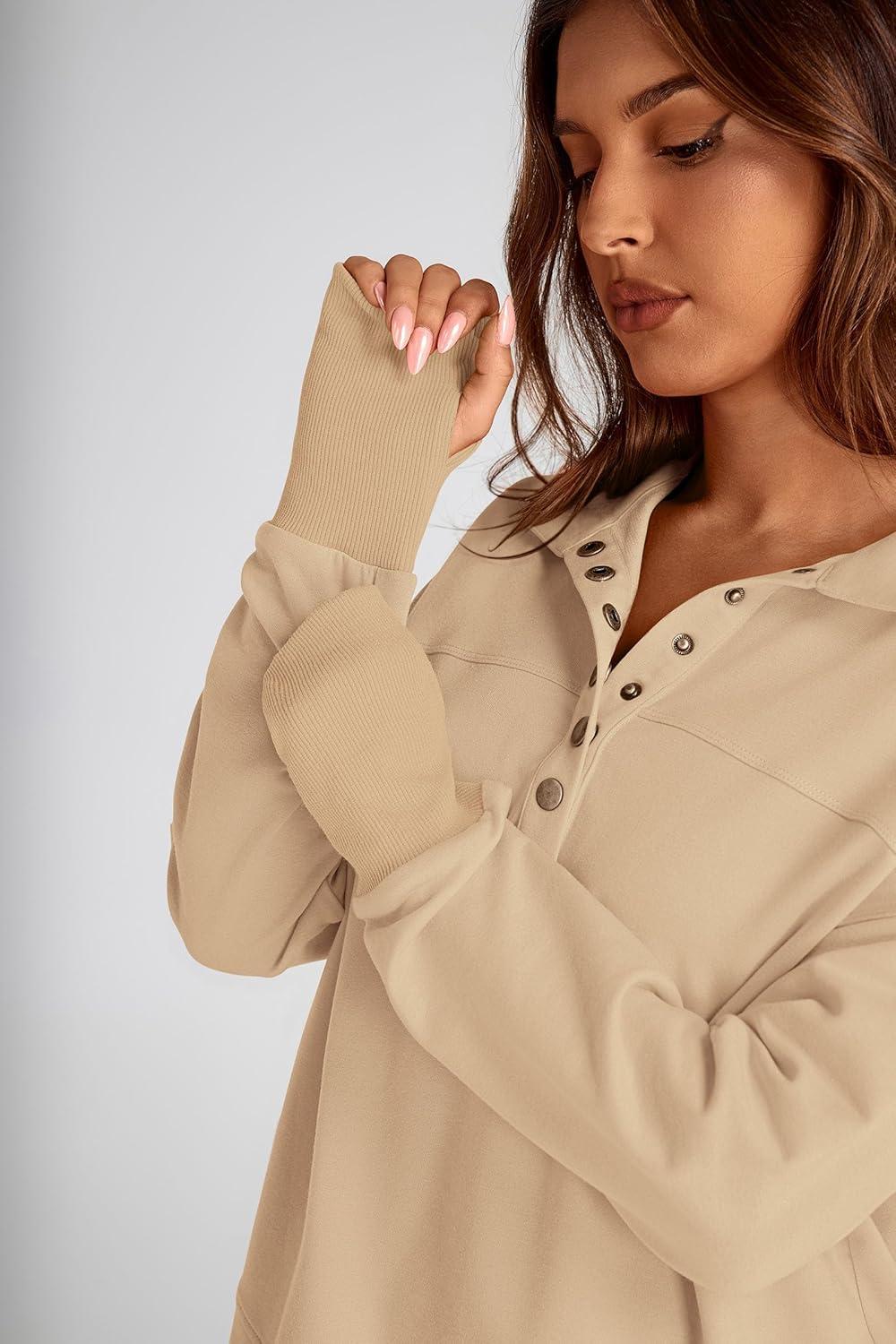 imagePRETTYGARDEN Womens Fall Fashion Button Up Sweatshirt Long Sleeve V Neck Loose Fit Casual Trendy Going Out Pullover Tops