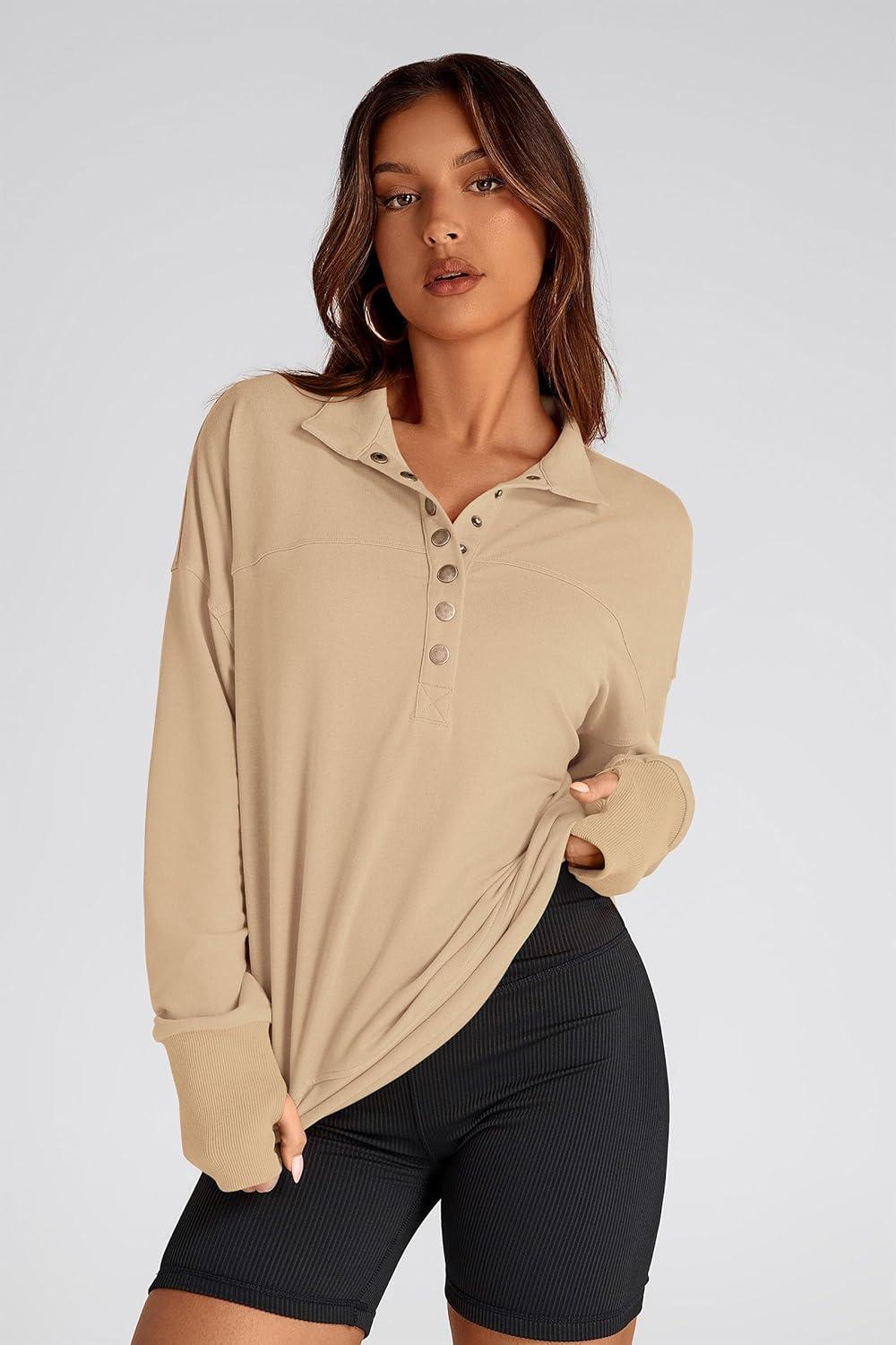 imagePRETTYGARDEN Womens Fall Fashion Button Up Sweatshirt Long Sleeve V Neck Loose Fit Casual Trendy Going Out Pullover Tops