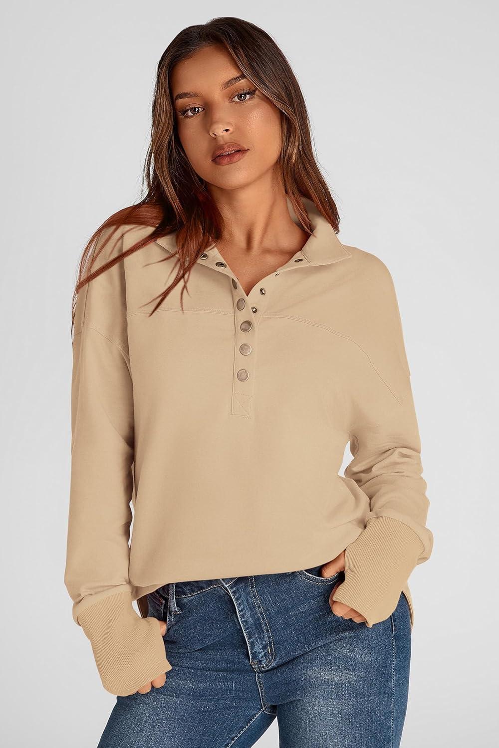imagePRETTYGARDEN Womens Fall Fashion Button Up Sweatshirt Long Sleeve V Neck Loose Fit Casual Trendy Going Out Pullover Tops