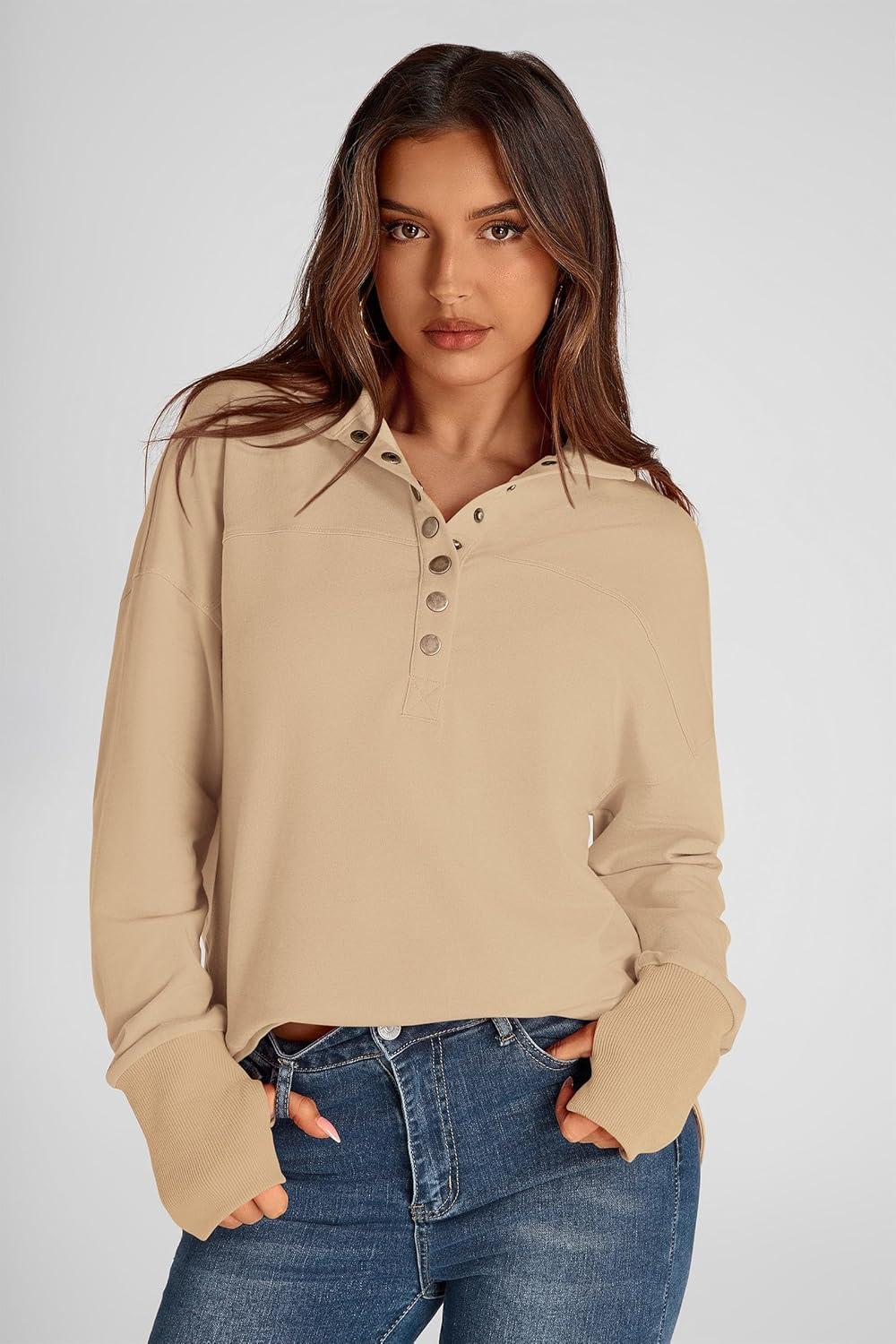 imagePRETTYGARDEN Womens Fall Fashion Button Up Sweatshirt Long Sleeve V Neck Loose Fit Casual Trendy Going Out Pullover Tops