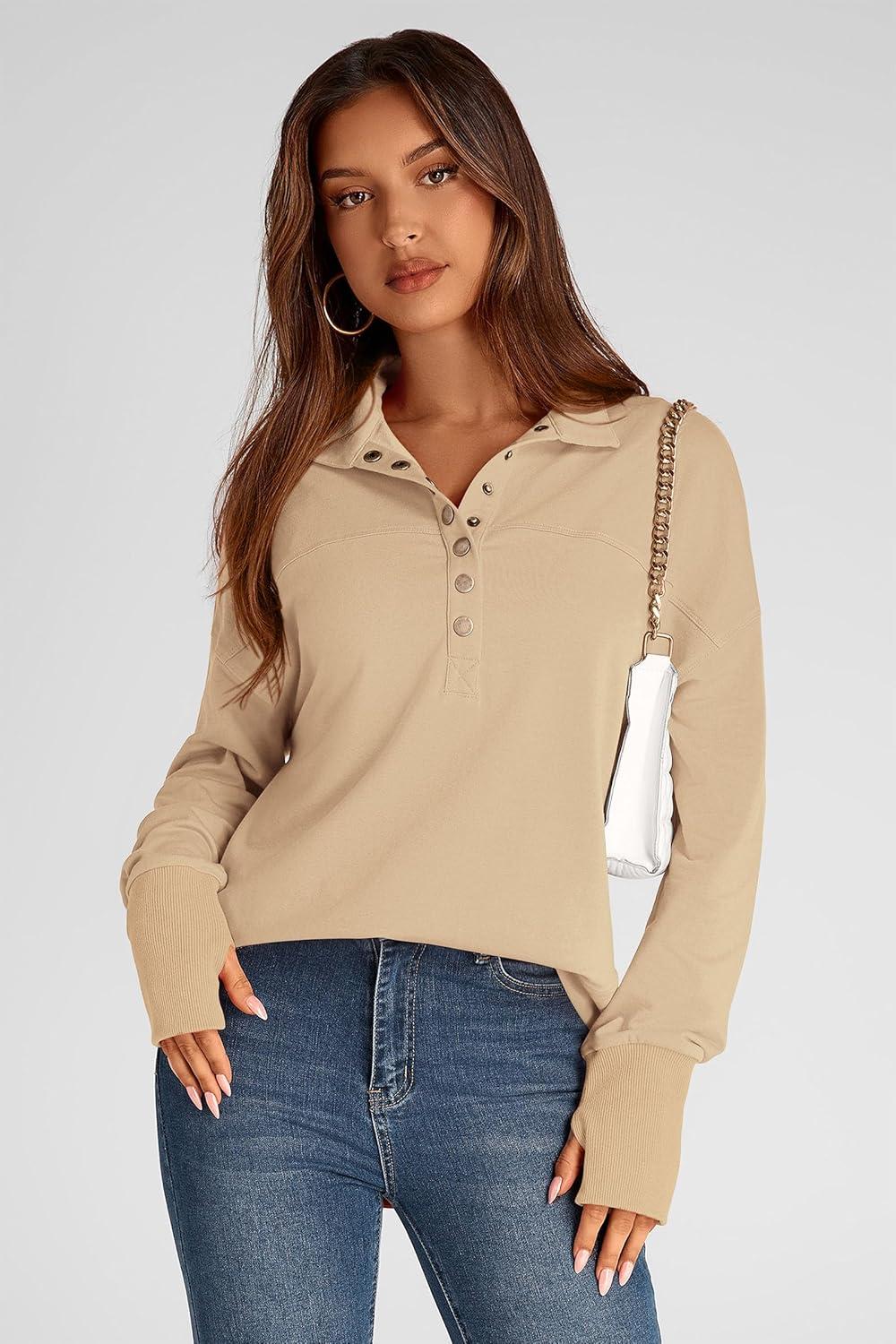 imagePRETTYGARDEN Womens Fall Fashion Button Up Sweatshirt Long Sleeve V Neck Loose Fit Casual Trendy Going Out Pullover Tops