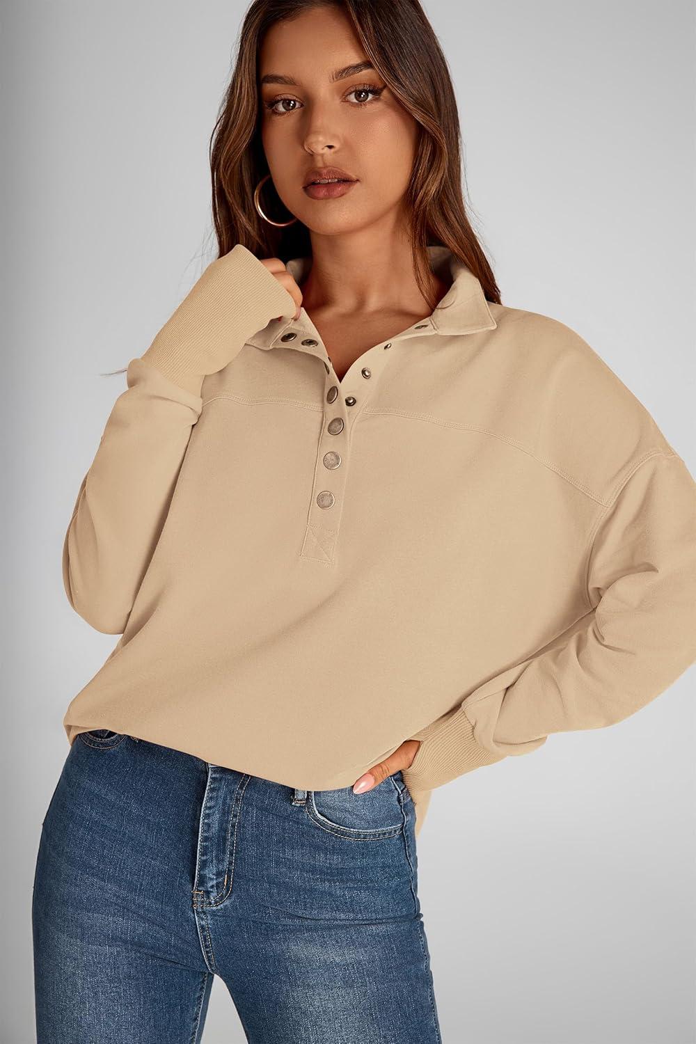 imagePRETTYGARDEN Womens Fall Fashion Button Up Sweatshirt Long Sleeve V Neck Loose Fit Casual Trendy Going Out Pullover Tops