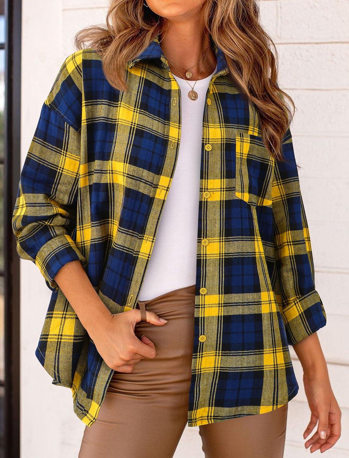 imagePRETTYGARDEN Womens Fall Long Sleeve Button Down Plaid Shirts Collared Loose Fit Cotton Casual Lightweight Shackets Blouses