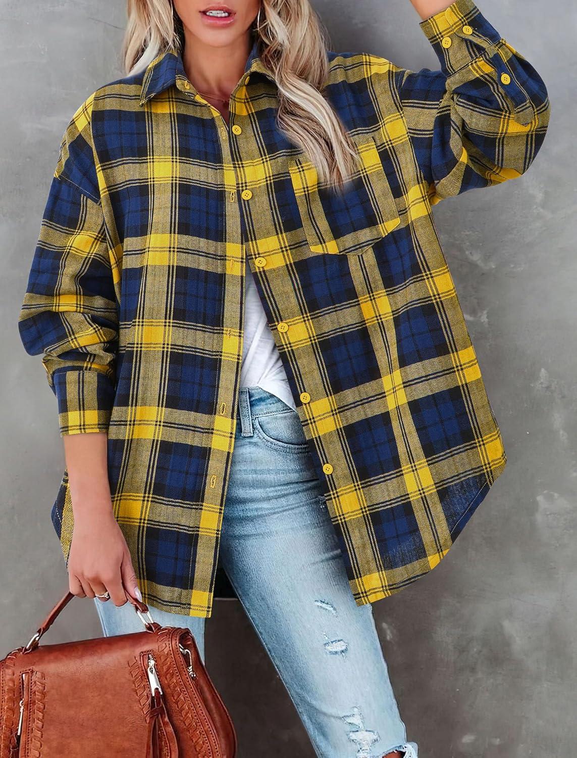 imagePRETTYGARDEN Womens Fall Long Sleeve Button Down Plaid Shirts Collared Loose Fit Cotton Casual Lightweight Shackets Blouses