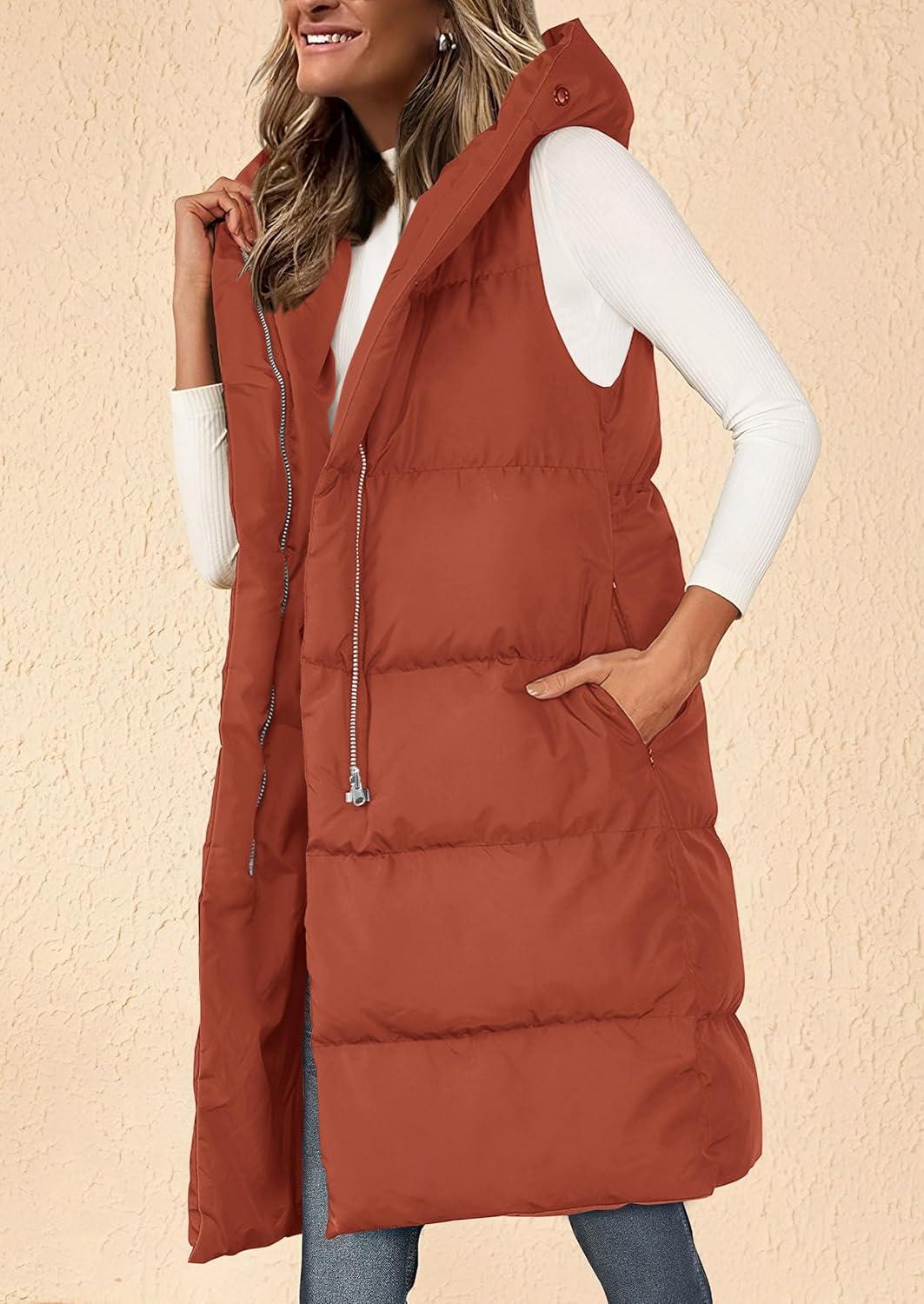 imagePRETTYGARDEN Womens Long Puffer Vest Fall Winter Trendy Zip Up Sleeveless Coat Down Jacket Quilted Hooded Warm OuterwearBrick Red