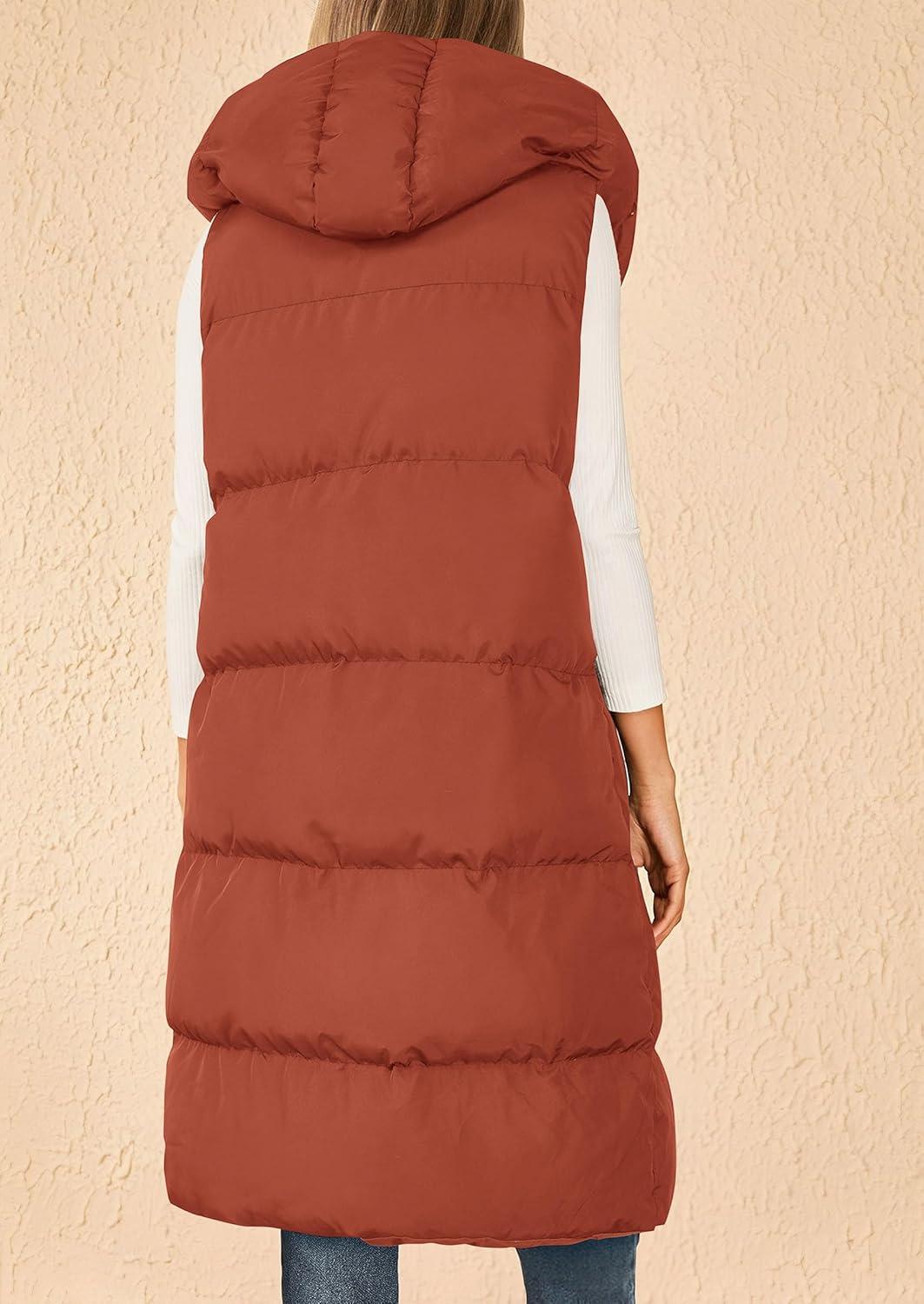 imagePRETTYGARDEN Womens Long Puffer Vest Fall Winter Trendy Zip Up Sleeveless Coat Down Jacket Quilted Hooded Warm OuterwearBrick Red