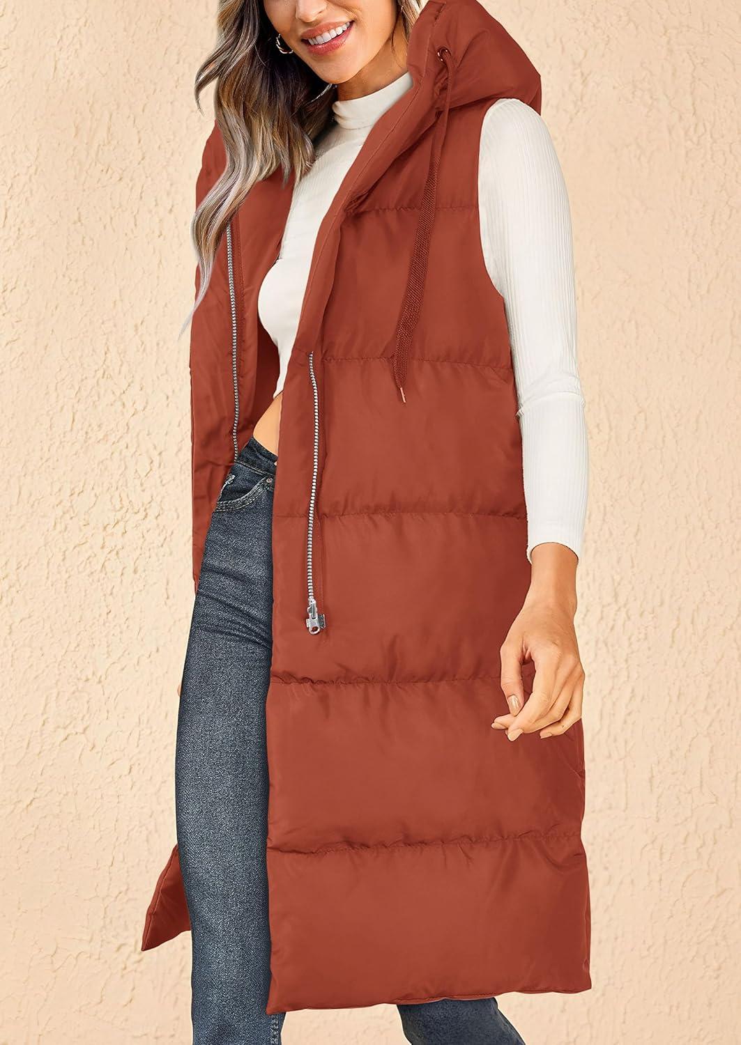 imagePRETTYGARDEN Womens Long Puffer Vest Fall Winter Trendy Zip Up Sleeveless Coat Down Jacket Quilted Hooded Warm OuterwearBrick Red