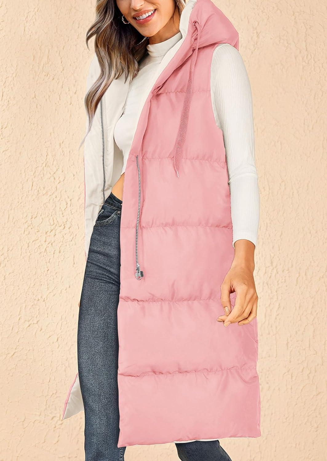 imagePRETTYGARDEN Womens Long Puffer Vest Fall Winter Trendy Zip Up Sleeveless Coat Down Jacket Quilted Hooded Warm OuterwearPink