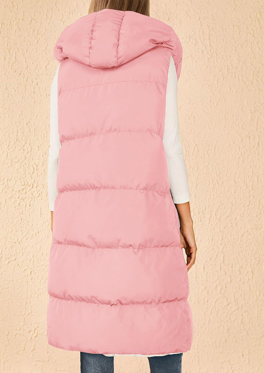 imagePRETTYGARDEN Womens Long Puffer Vest Fall Winter Trendy Zip Up Sleeveless Coat Down Jacket Quilted Hooded Warm OuterwearPink