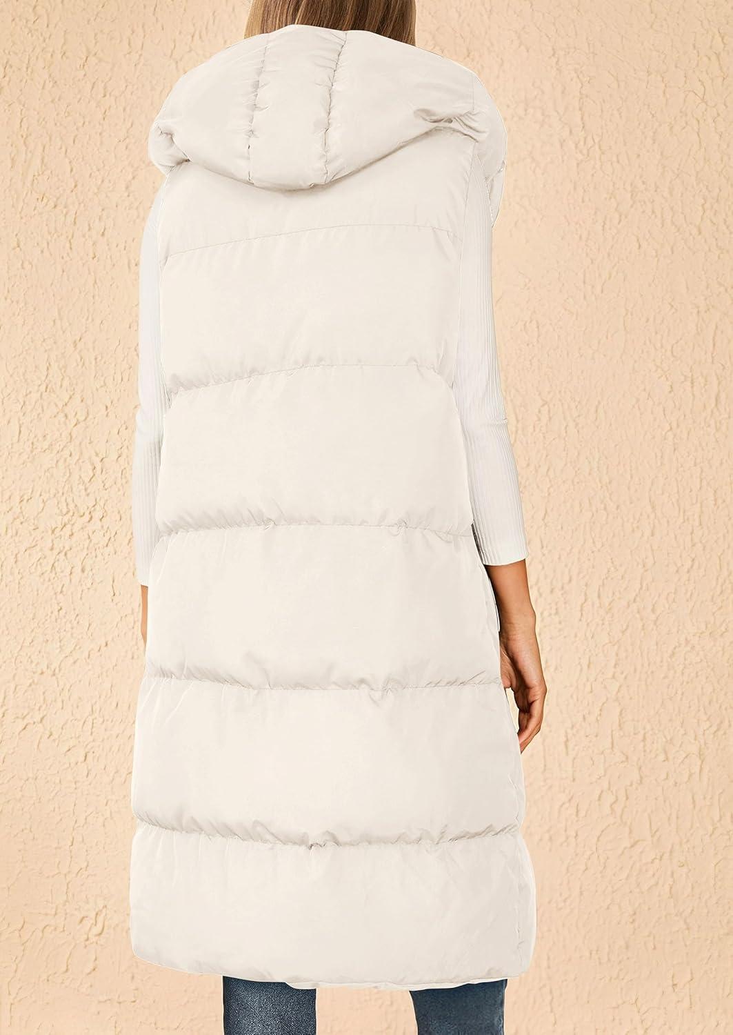 imagePRETTYGARDEN Womens Long Puffer Vest Fall Winter Trendy Zip Up Sleeveless Coat Down Jacket Quilted Hooded Warm OuterwearWhite