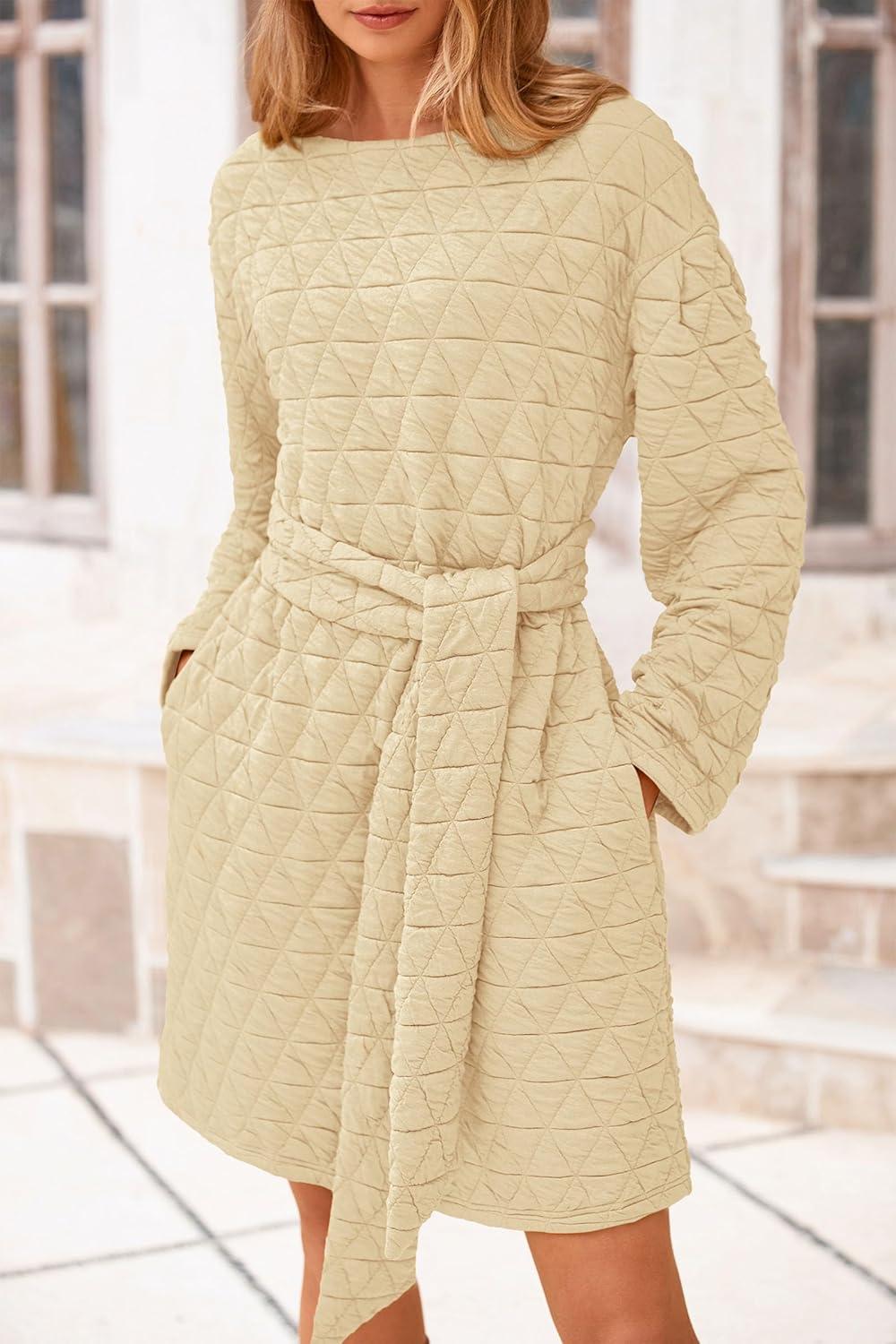 imagePRETTYGARDEN Womens Long Sleeve Dresses Spring Fall Casual Short Belted Dress Trendy Quilted Outfits with Pockets