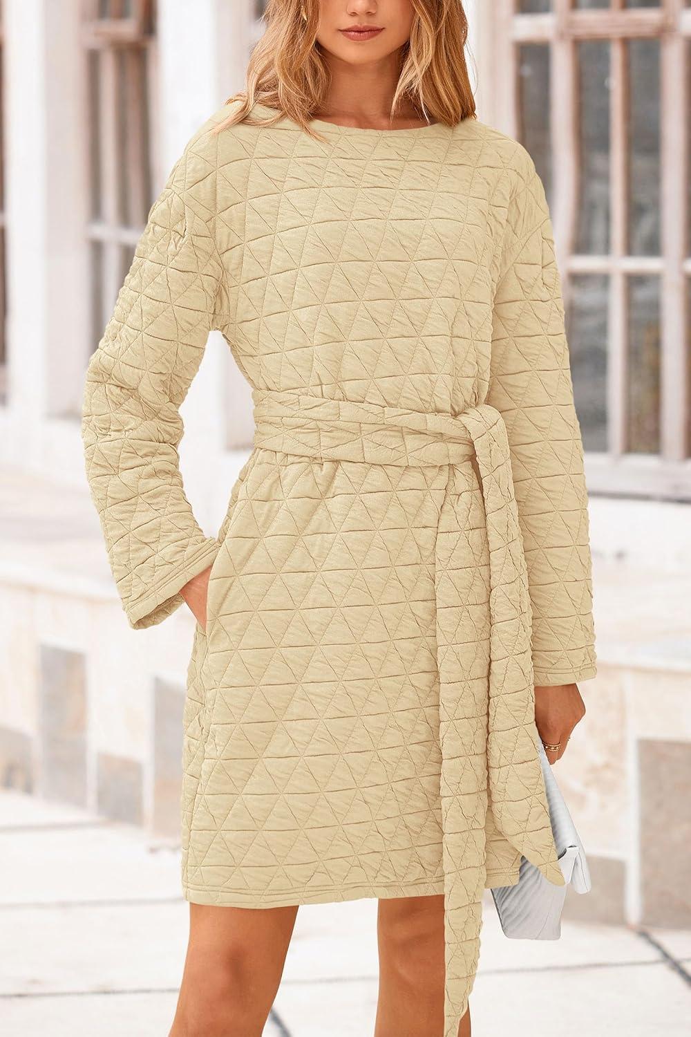 imagePRETTYGARDEN Womens Long Sleeve Dresses Spring Fall Casual Short Belted Dress Trendy Quilted Outfits with Pockets
