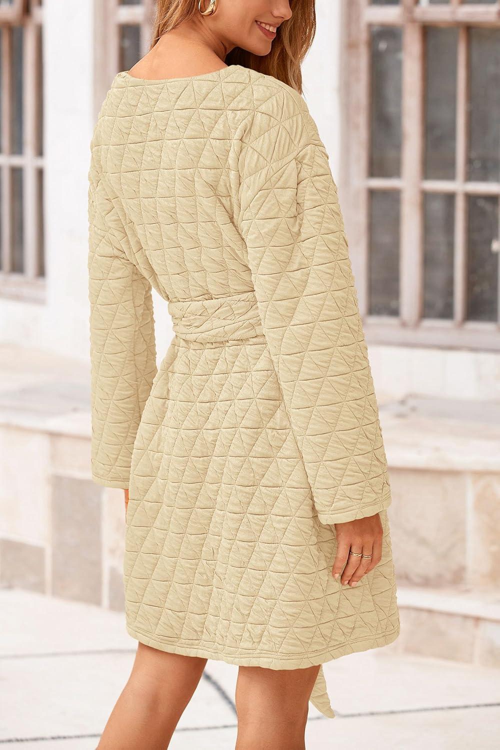 imagePRETTYGARDEN Womens Long Sleeve Dresses Spring Fall Casual Short Belted Dress Trendy Quilted Outfits with Pockets