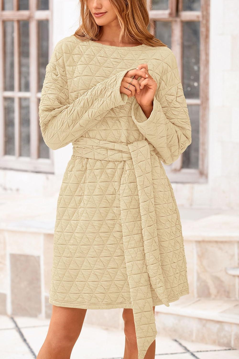 imagePRETTYGARDEN Womens Long Sleeve Dresses Spring Fall Casual Short Belted Dress Trendy Quilted Outfits with Pockets